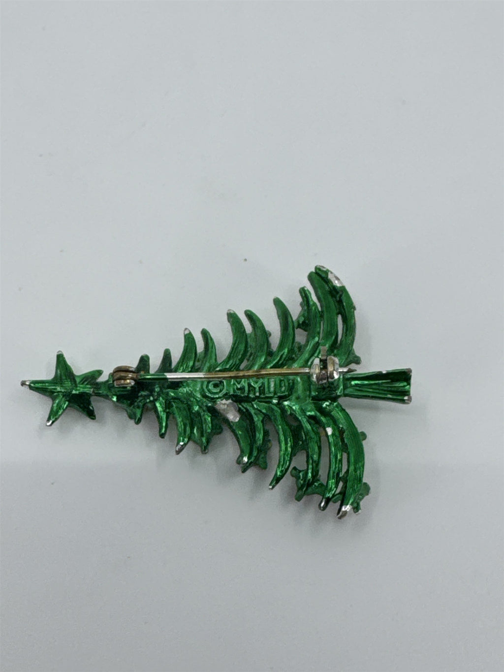 Vintage Mylu Christmass Tree Enameled Rhinestone Pearl Green Tree Brooch Pin