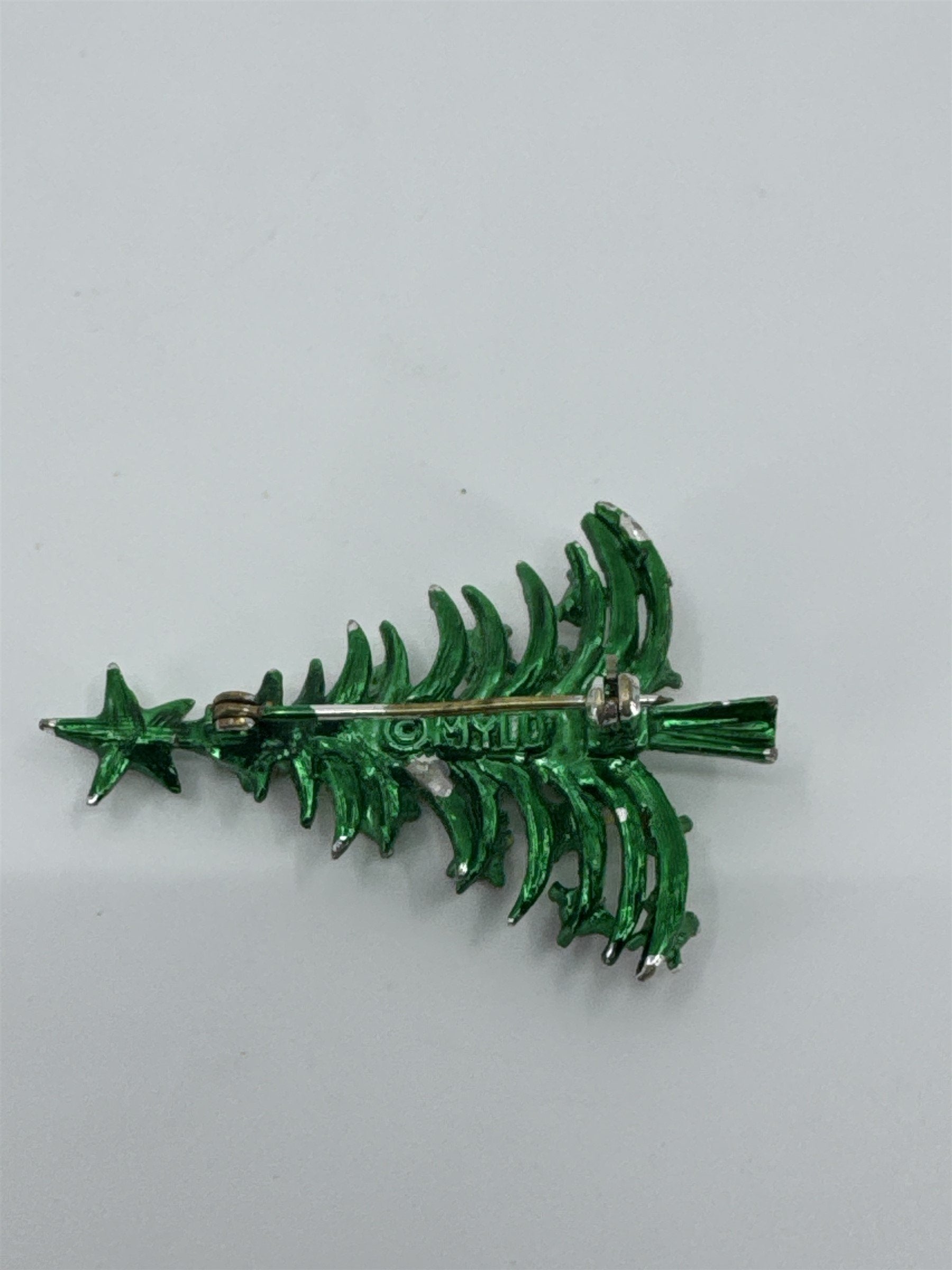Vintage Mylu Christmass Tree Enameled Rhinestone Pearl Green Tree Brooch Pin