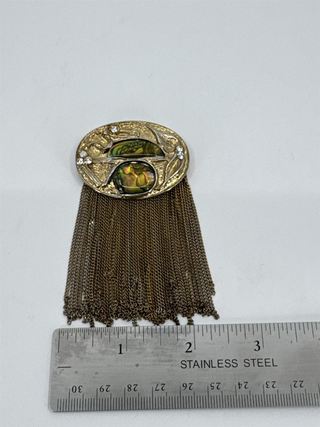 Vintage Marena Abalone Brass Waterfall Brooch Art Deco Abstract Brutalist Tassel