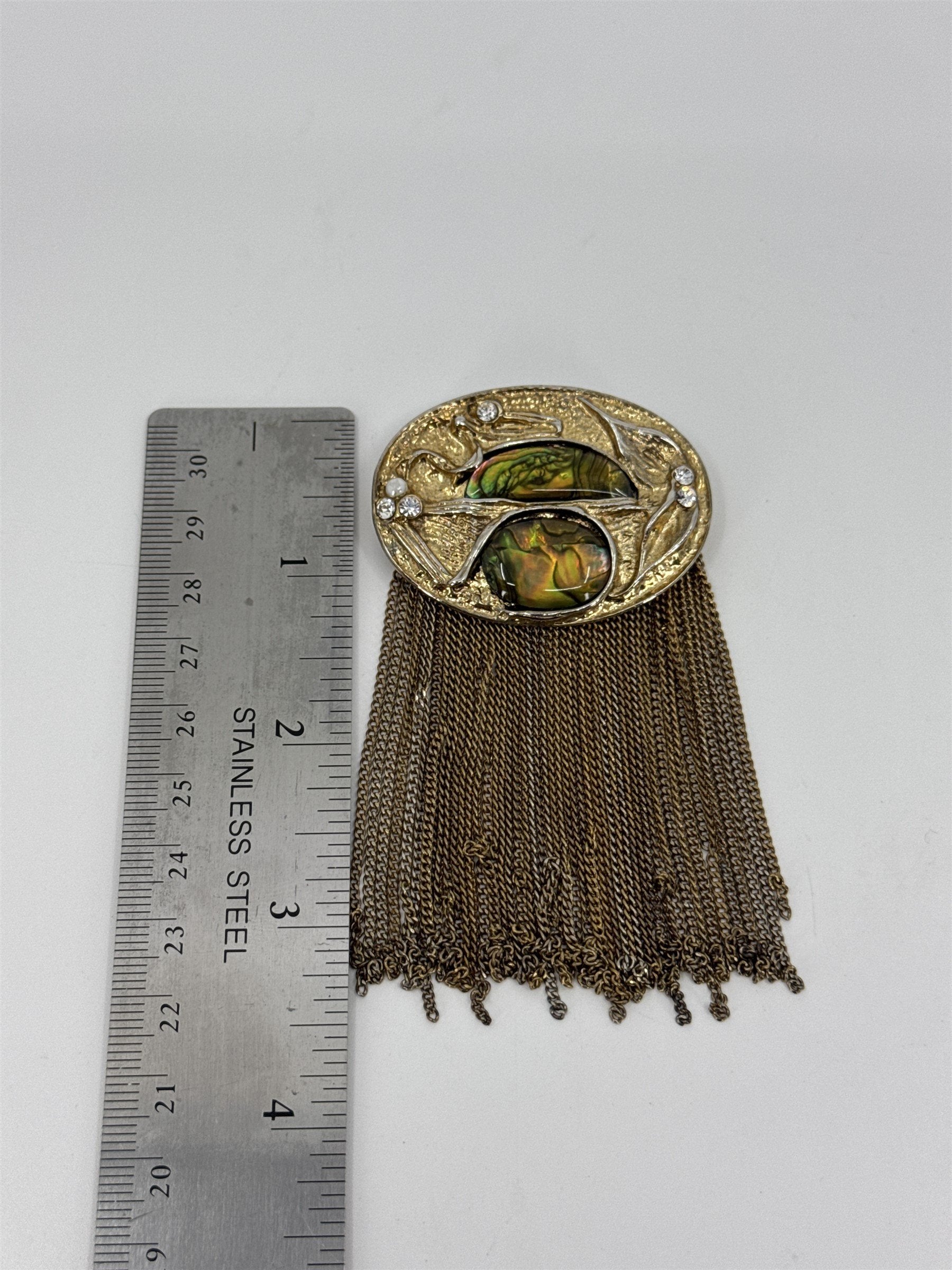 Vintage Marena Abalone Brass Waterfall Brooch Art Deco Abstract Brutalist Tassel