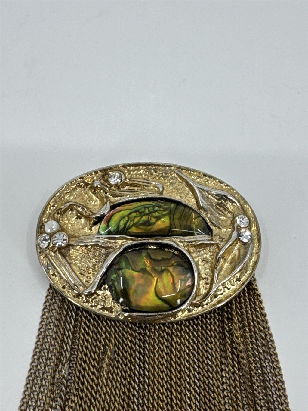 Vintage Marena Abalone Brass Waterfall Brooch Art Deco Abstract Brutalist Tassel