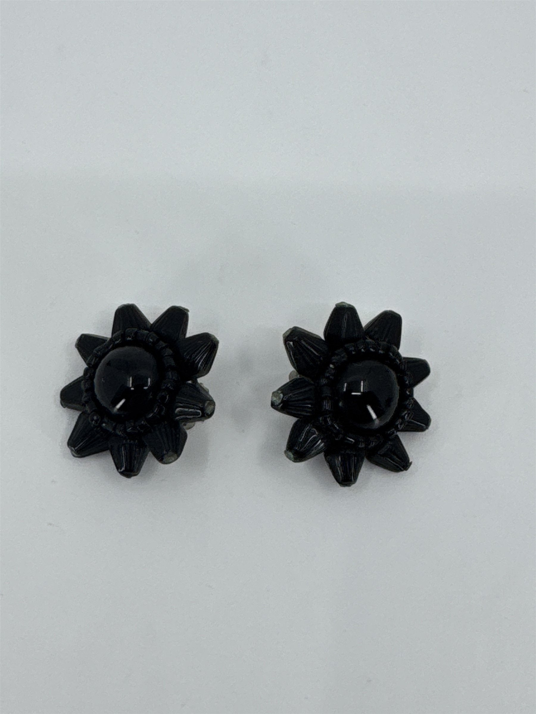 Vintage Costume Jewelry Japan Black Star Onyx Clip-On Earrings Dome Black Glass