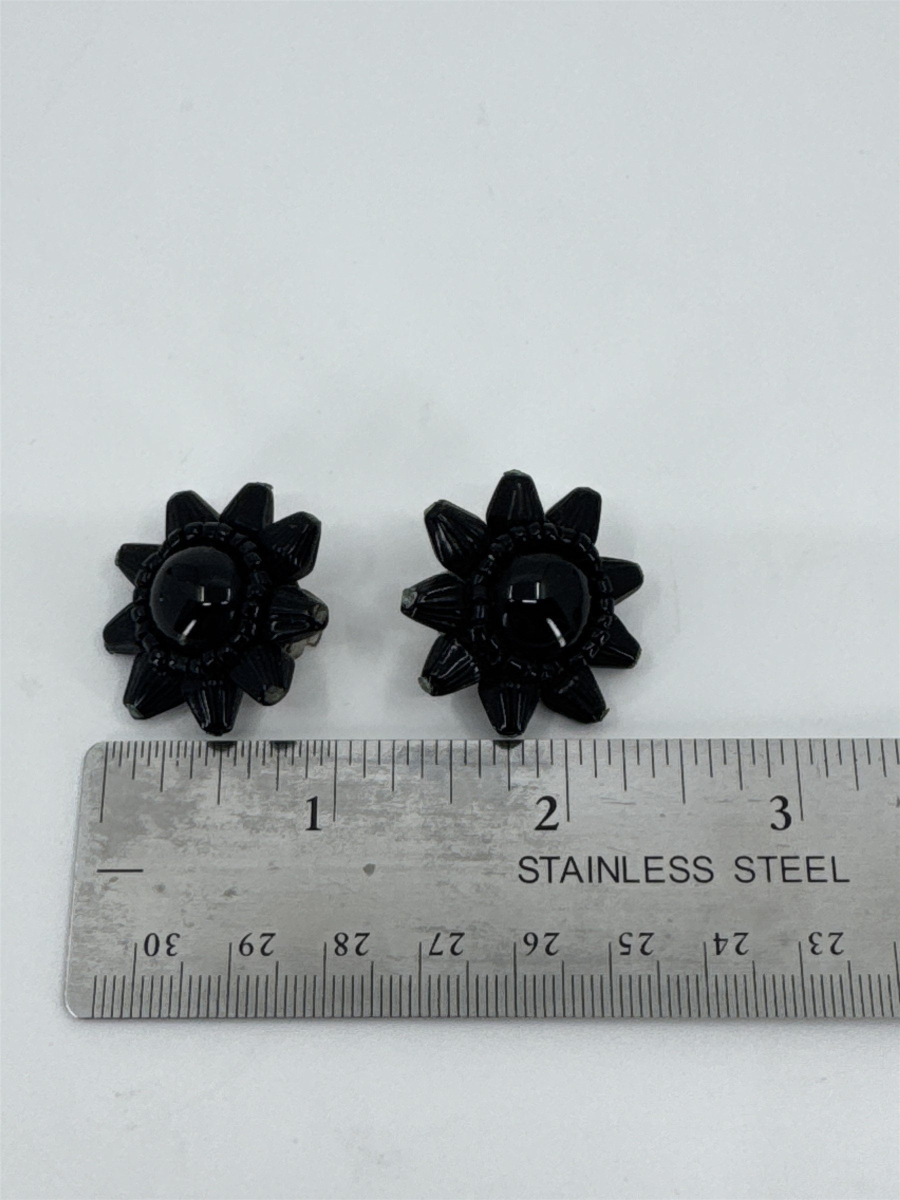 Vintage Costume Jewelry Japan Black Star Onyx Clip-On Earrings Dome Black Glass
