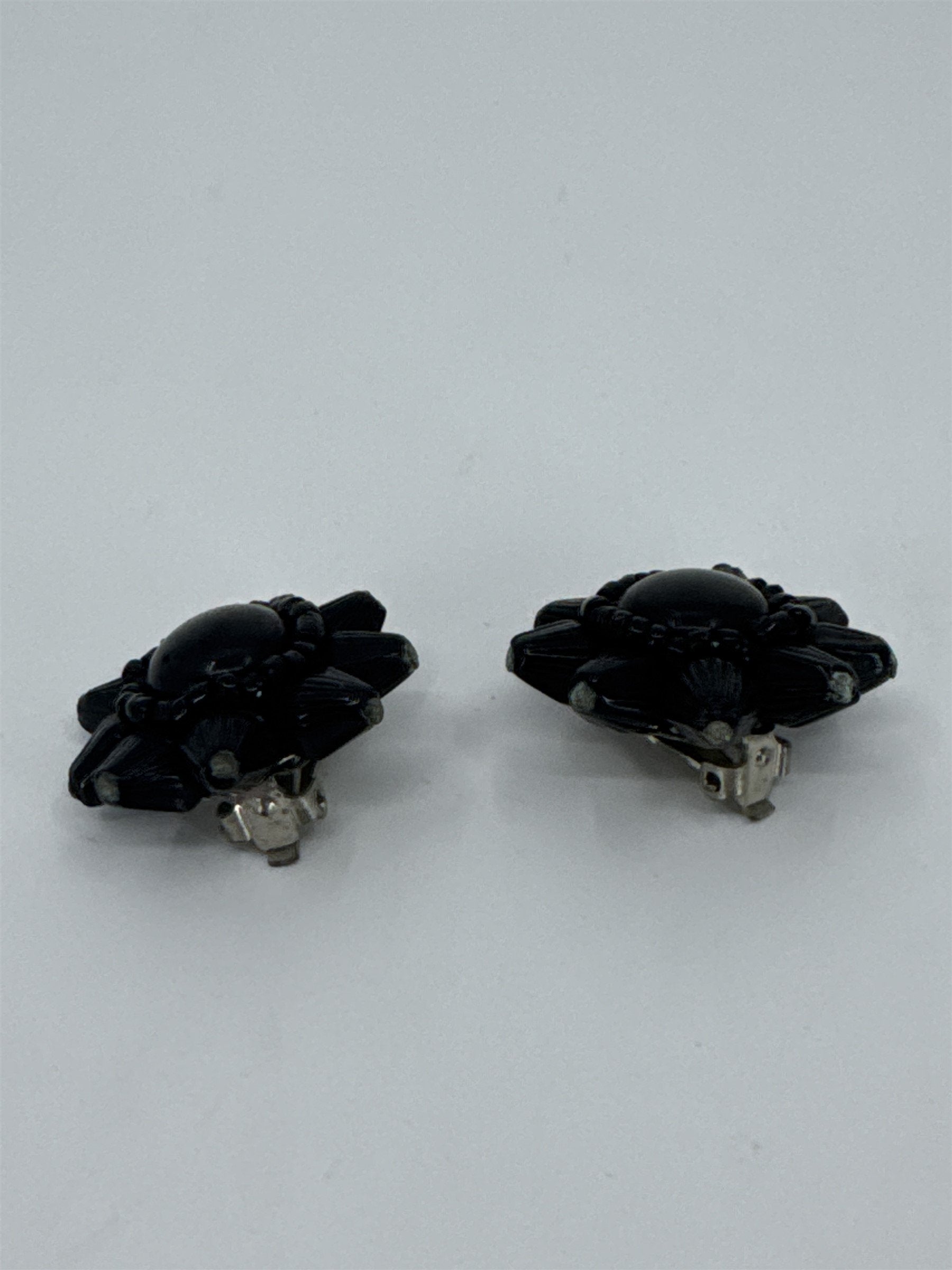 Vintage Costume Jewelry Japan Black Star Onyx Clip-On Earrings Dome Black Glass