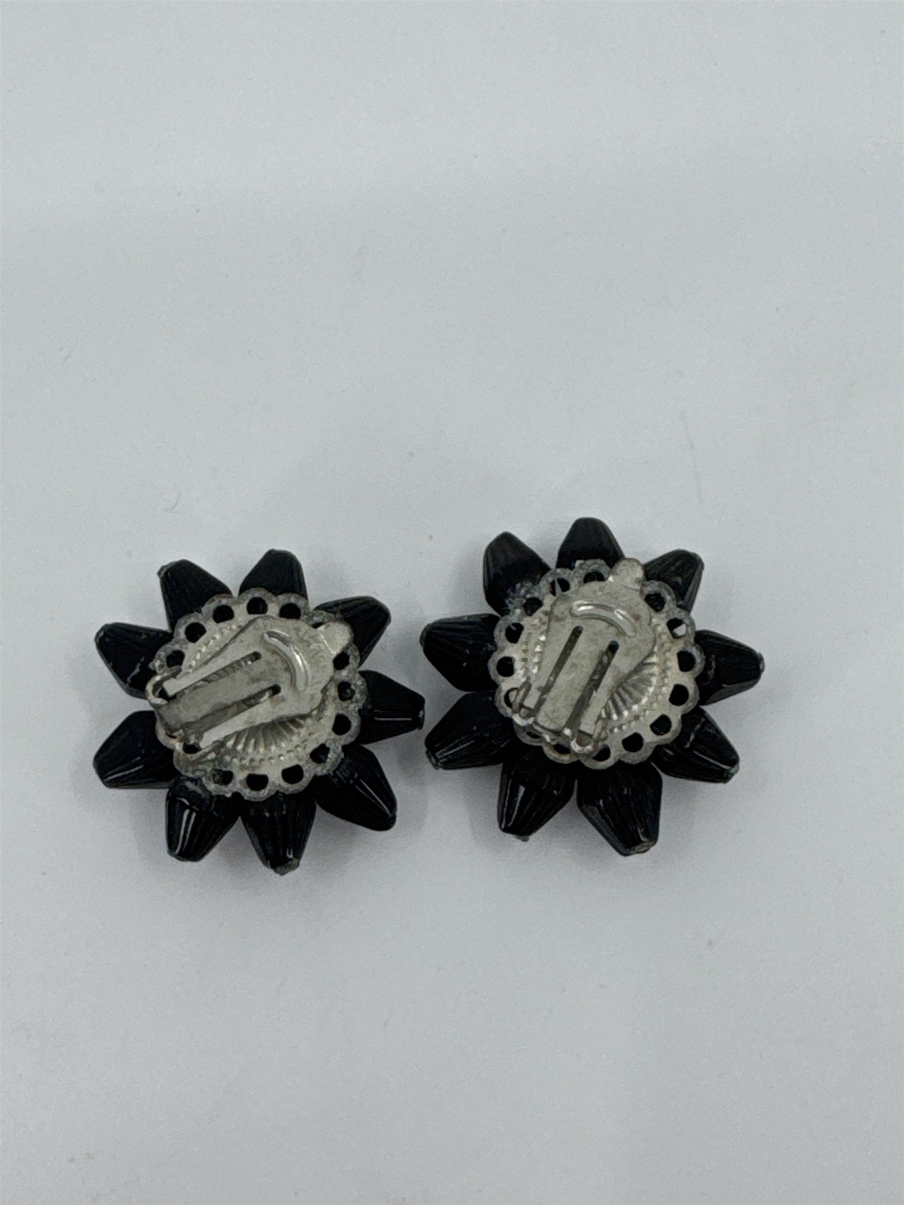 Vintage Costume Jewelry Japan Black Star Onyx Clip-On Earrings Dome Black Glass