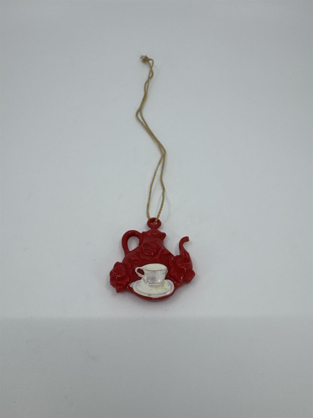 Vintage Celluloid Red Teapot with White Tea Cup Charm Children Toy on String