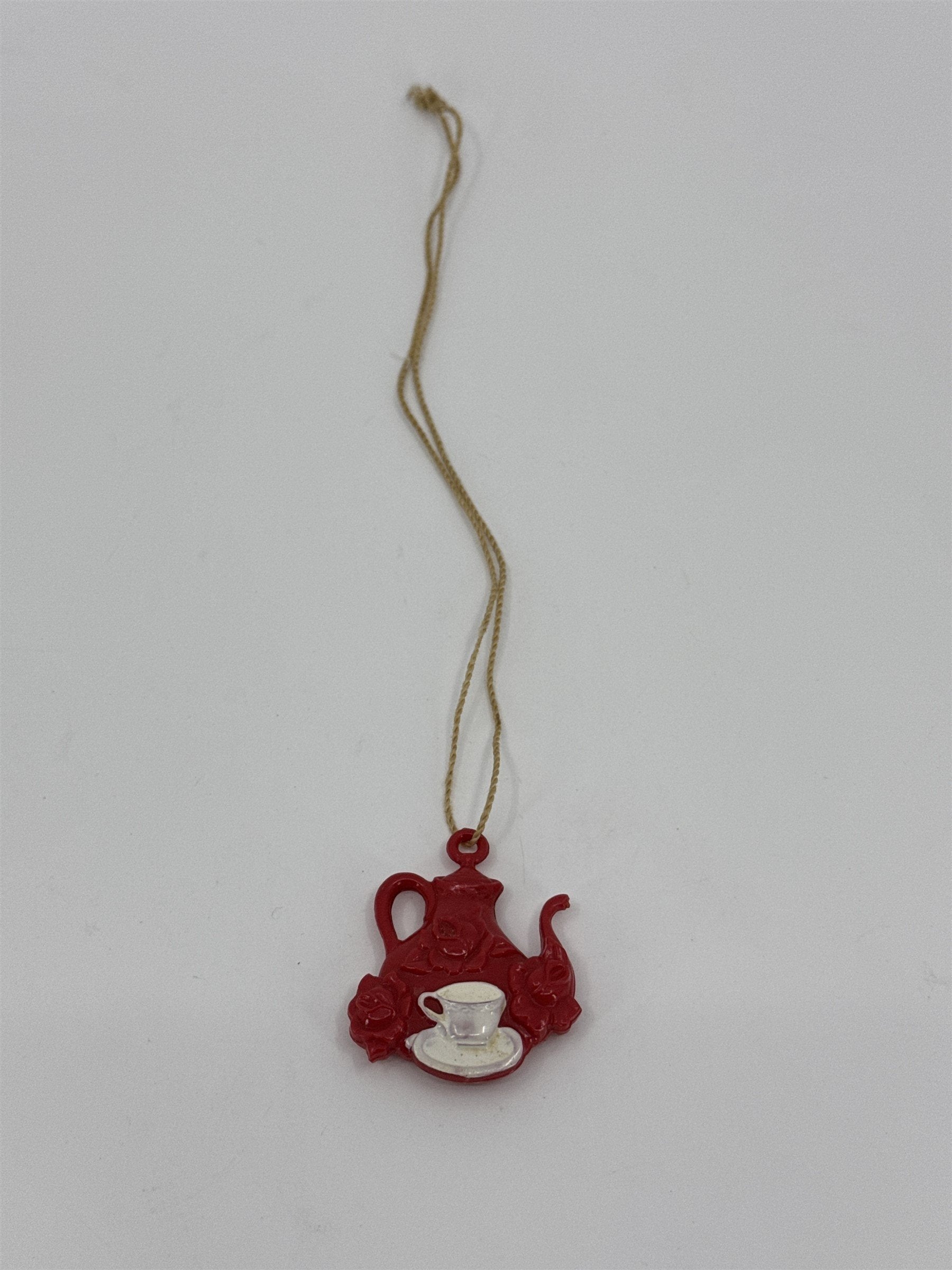 Vintage Celluloid Red Teapot with White Tea Cup Charm Children Toy on String