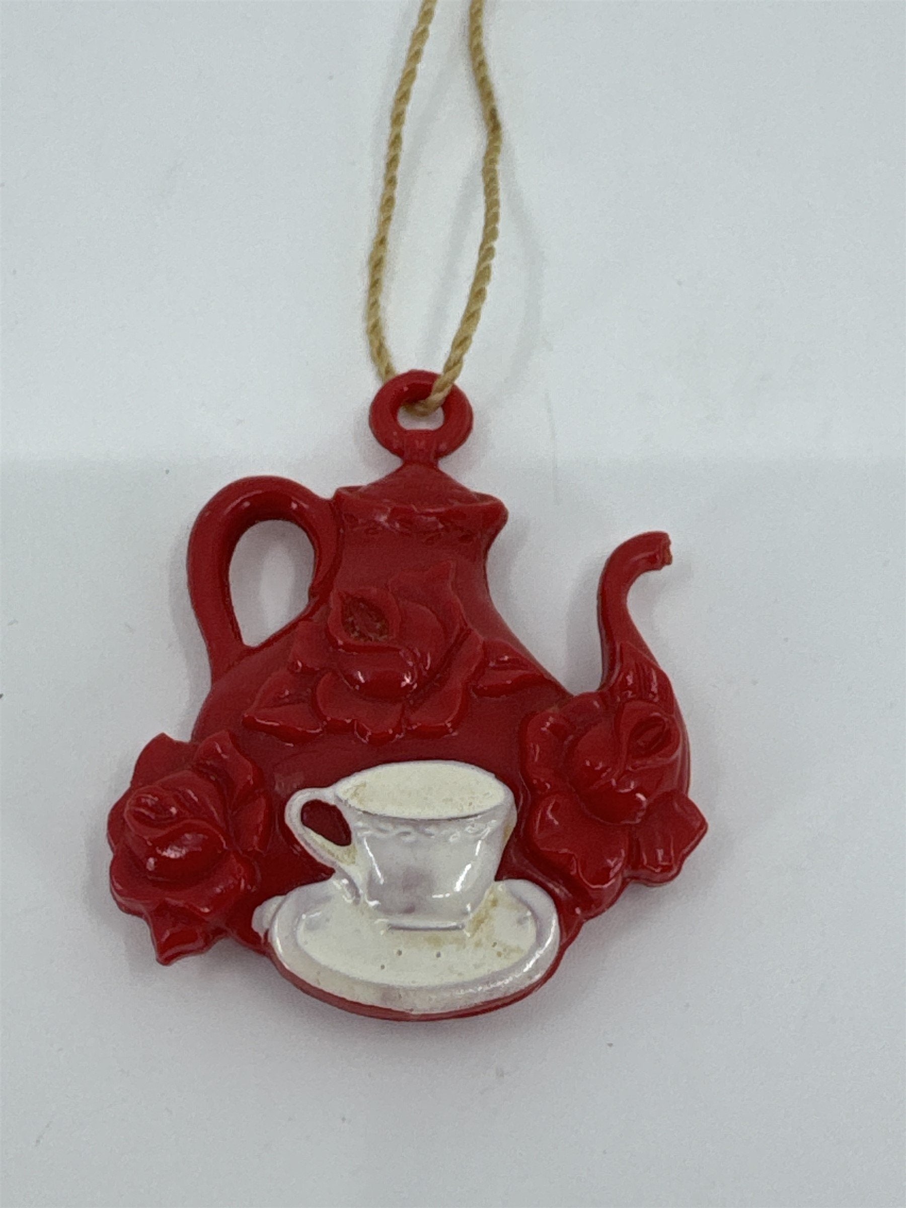 Vintage Celluloid Red Teapot with White Tea Cup Charm Children Toy on String