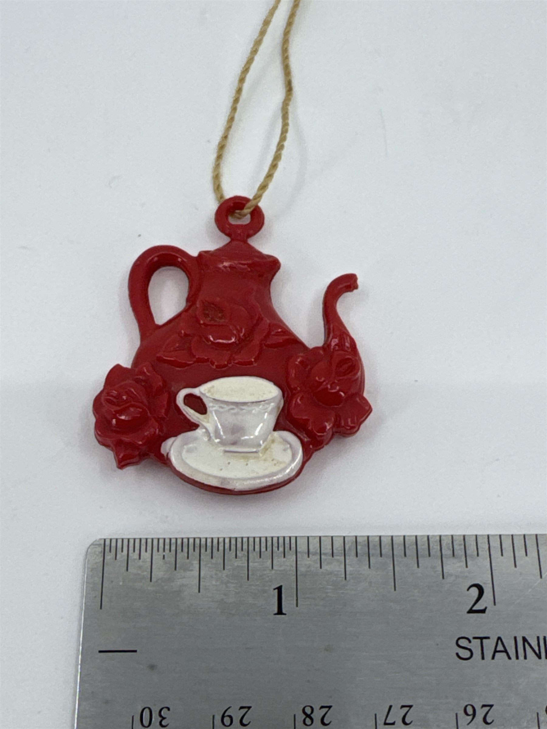 Vintage Celluloid Red Teapot with White Tea Cup Charm Children Toy on String