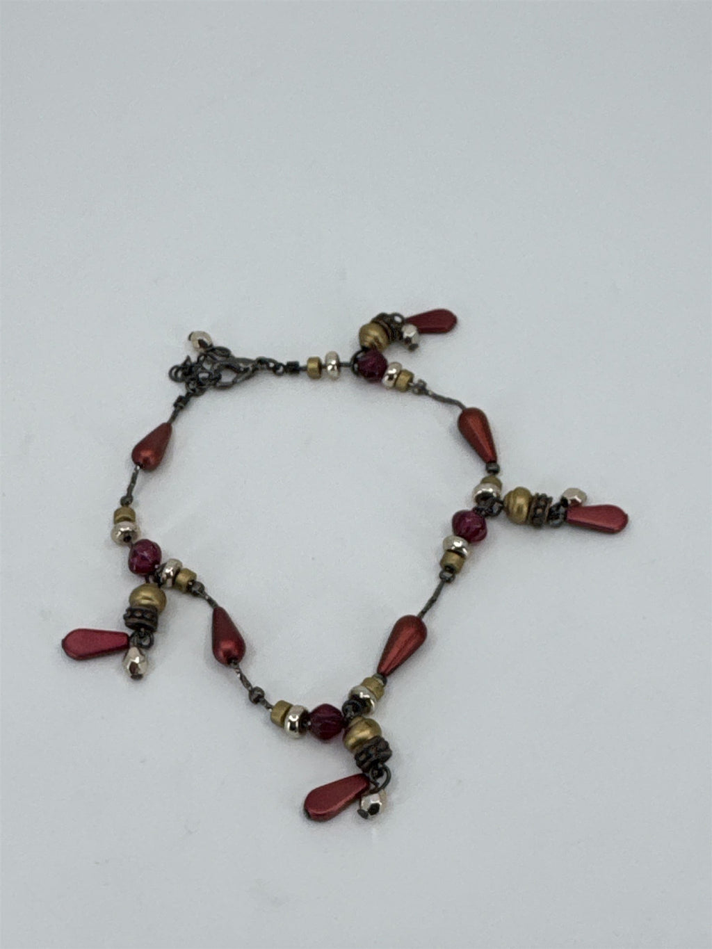 Vintage Womens Bracelet Bronze/Gold/Silver Toned Beads with Red Teardrops Clasp