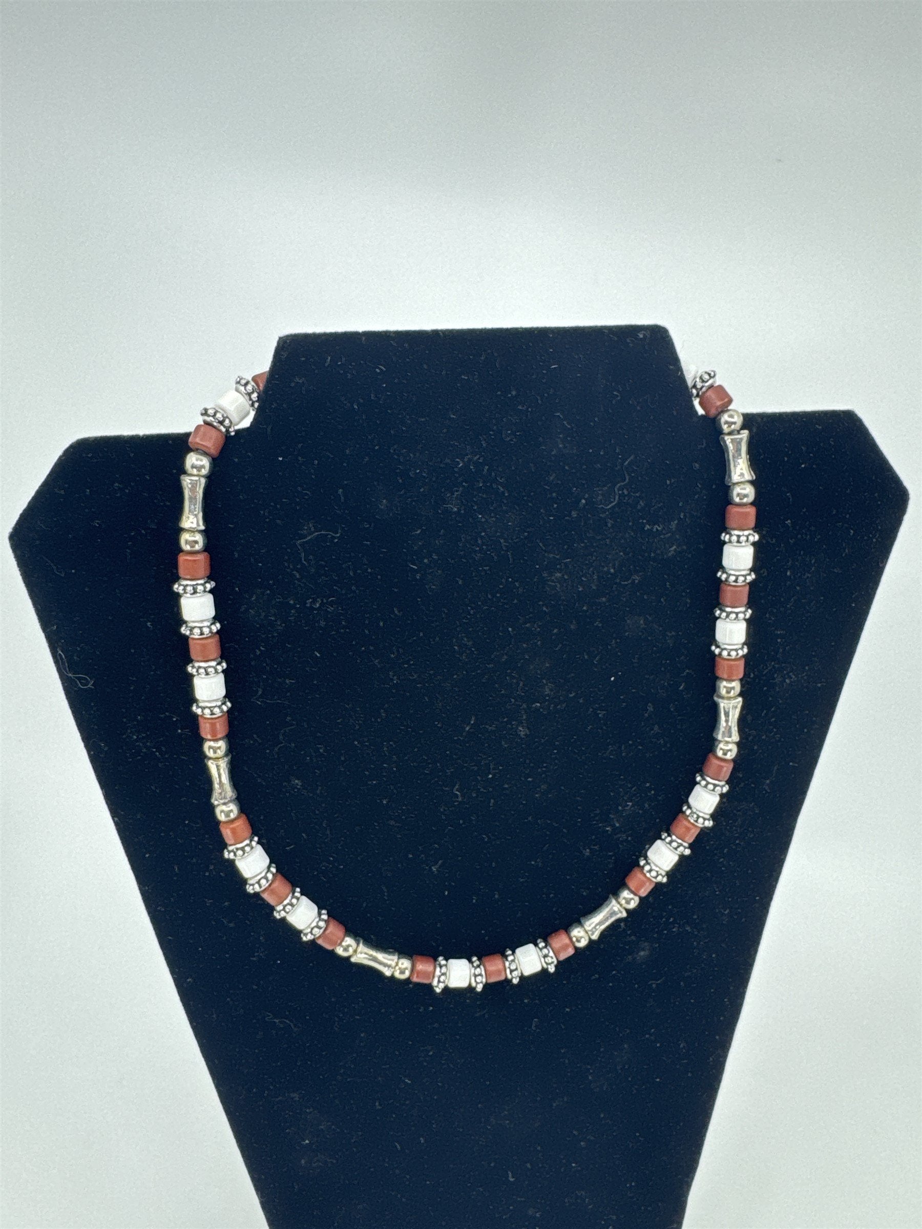 Vintage Boho Beaded Brown/White/Silver-Tone Beads Necklace and Bracelet Set