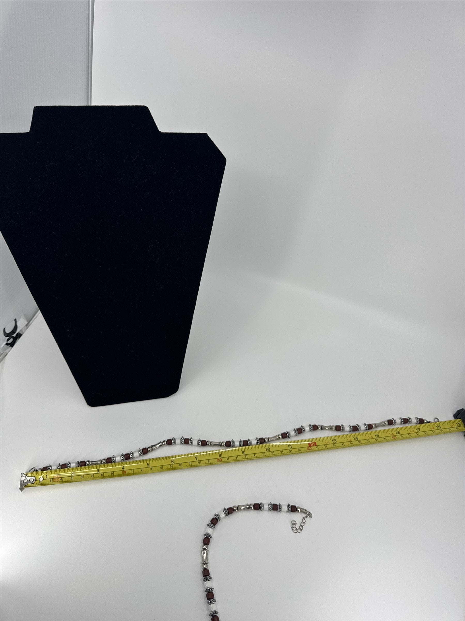 Vintage Boho Beaded Brown/White/Silver-Tone Beads Necklace and Bracelet Set
