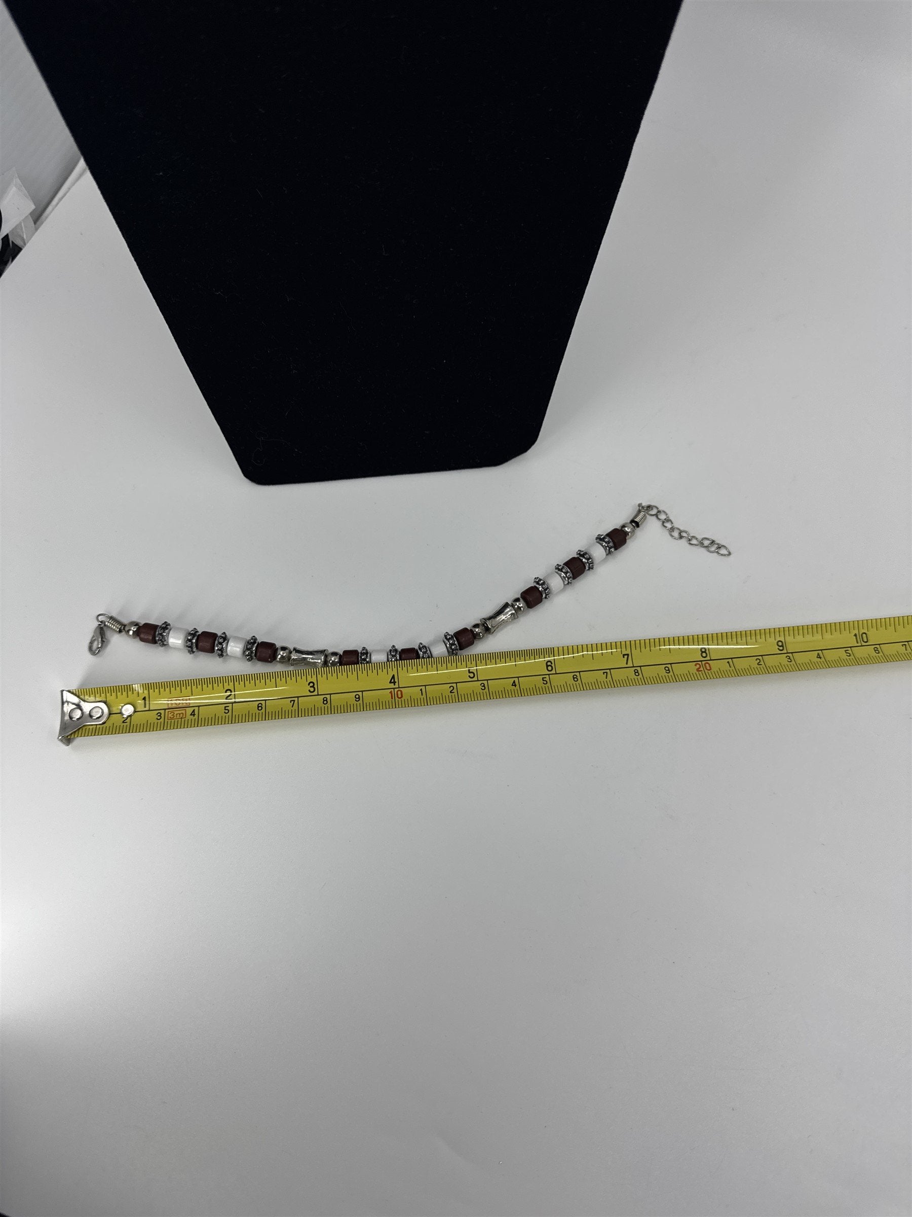 Vintage Boho Beaded Brown/White/Silver-Tone Beads Necklace and Bracelet Set