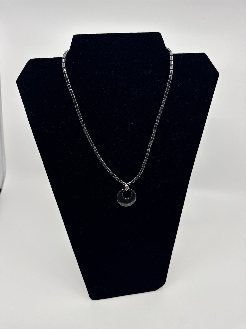 Womens Necklace Dark Gray Metal Beads and Circular Shape Pendant