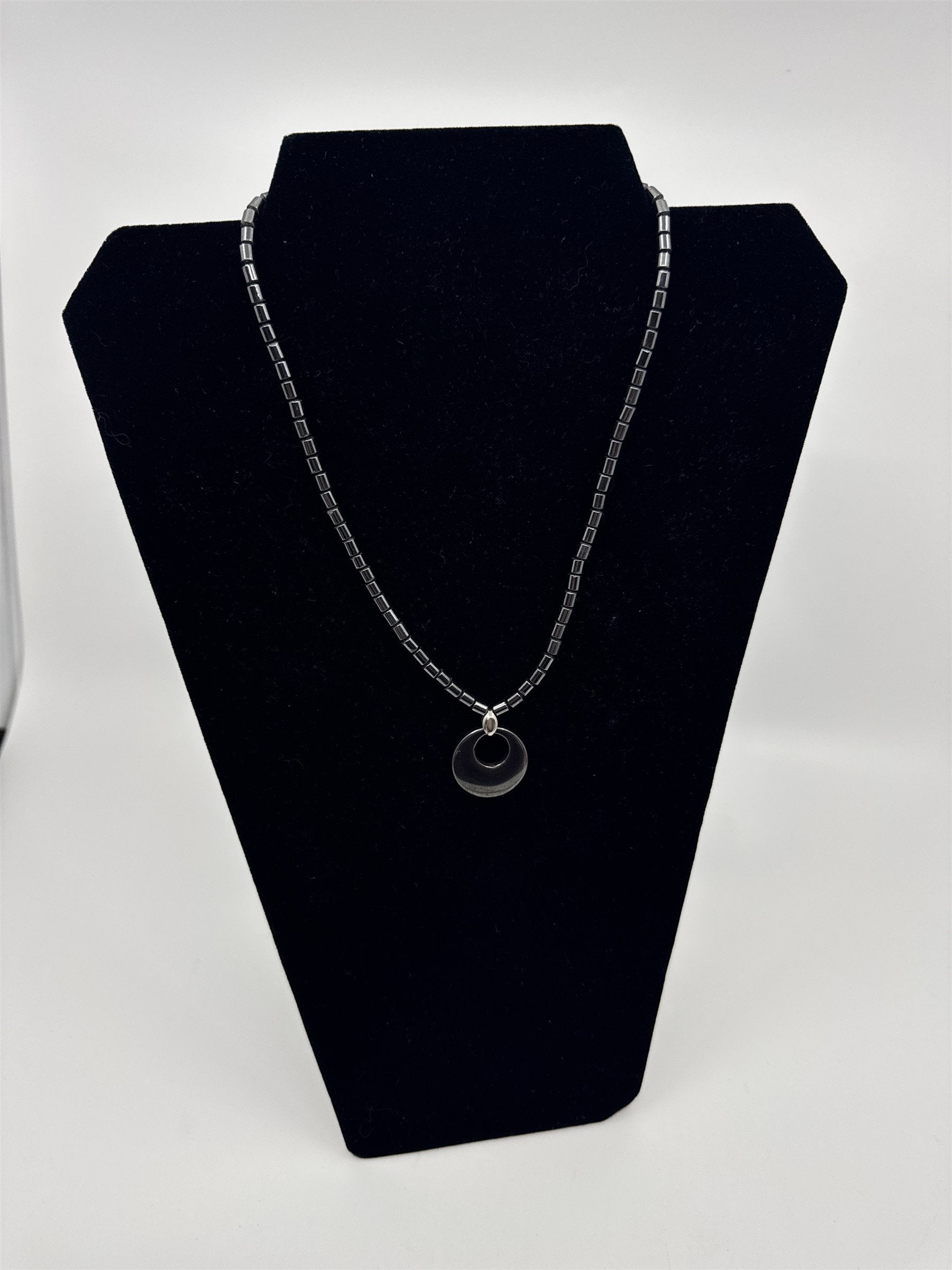 Womens Necklace Dark Gray Metal Beads and Circular Shape Pendant