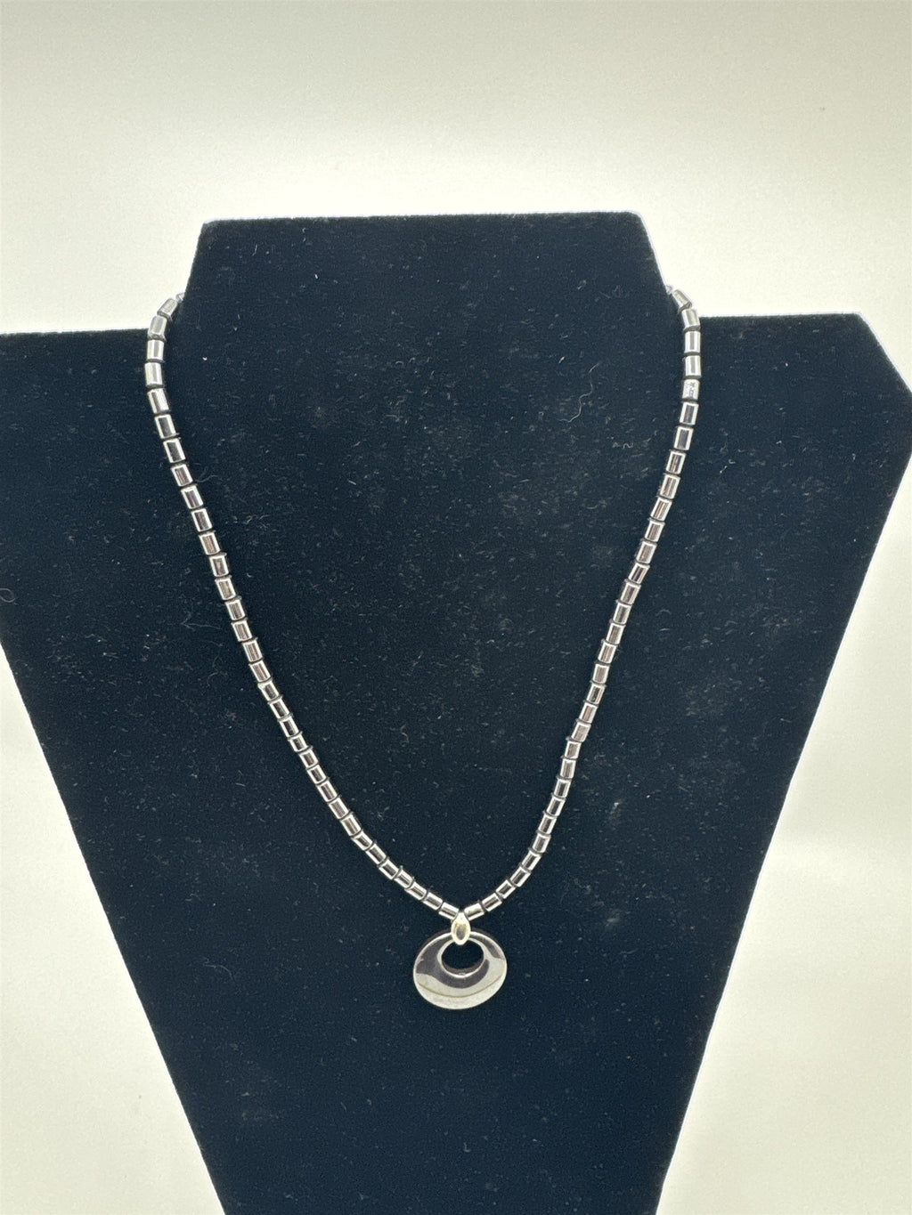 Womens Necklace Dark Gray Metal Beads and Circular Shape Pendant