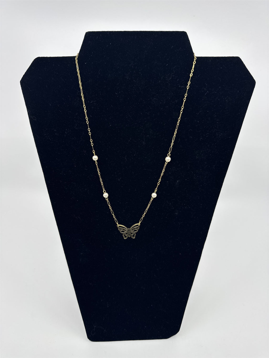 Vintage Gold-Toned Butterfly and Faux Pearl Thin Chain Petite Necklace