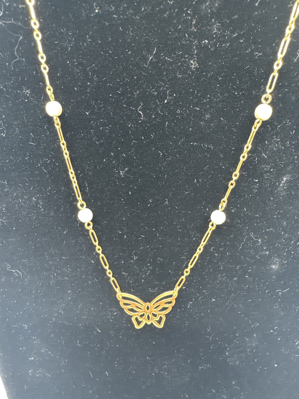 Vintage Gold-Toned Butterfly and Faux Pearl Thin Chain Petite Necklace