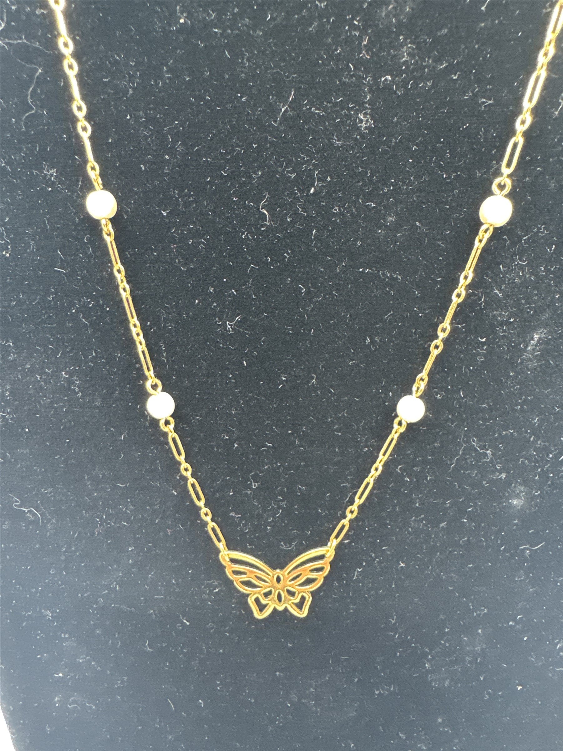 Vintage Gold-Toned Butterfly and Faux Pearl Thin Chain Petite Necklace
