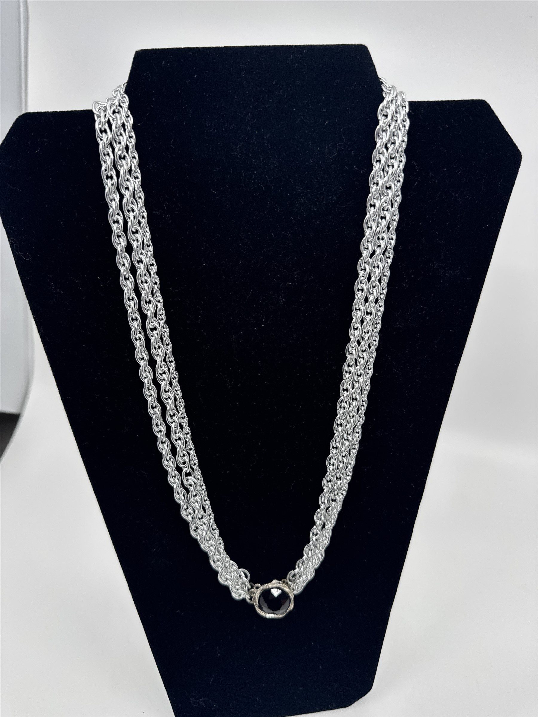 Vintage Silver-Tone Triple Rope Chain Necklace With Faux Jewel