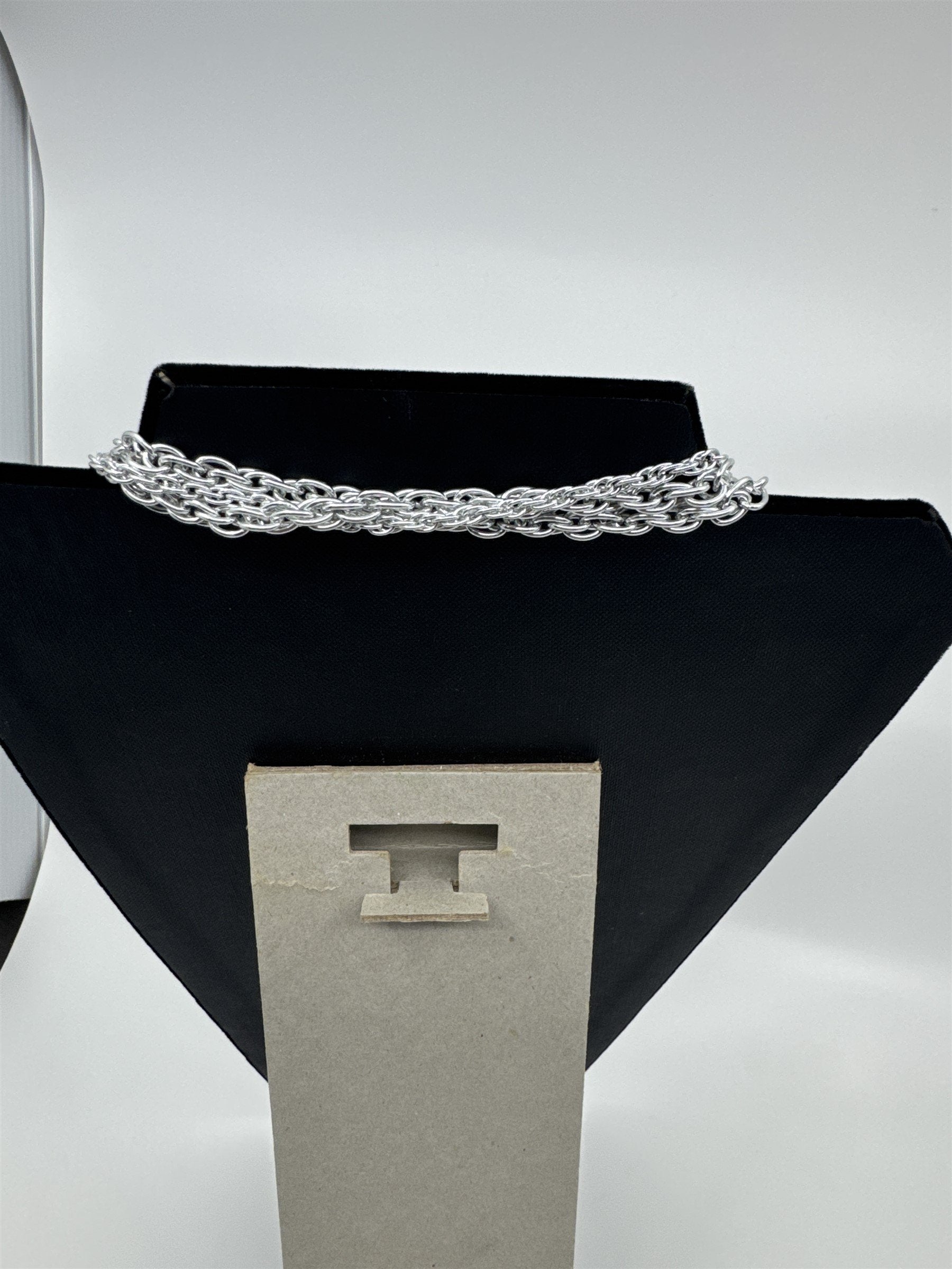 Vintage Silver-Tone Triple Rope Chain Necklace With Faux Jewel