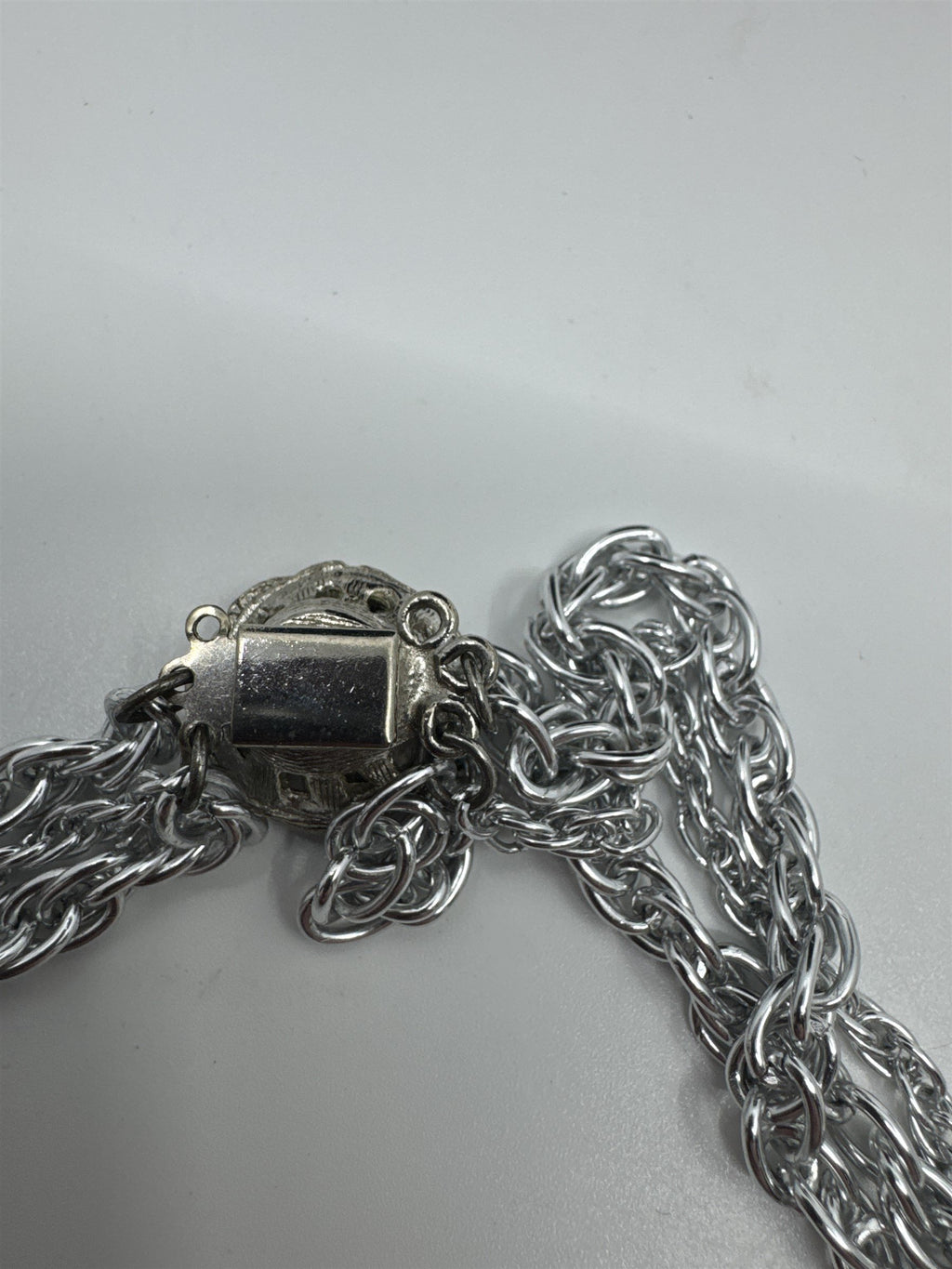 Vintage Silver-Tone Triple Rope Chain Necklace With Faux Jewel