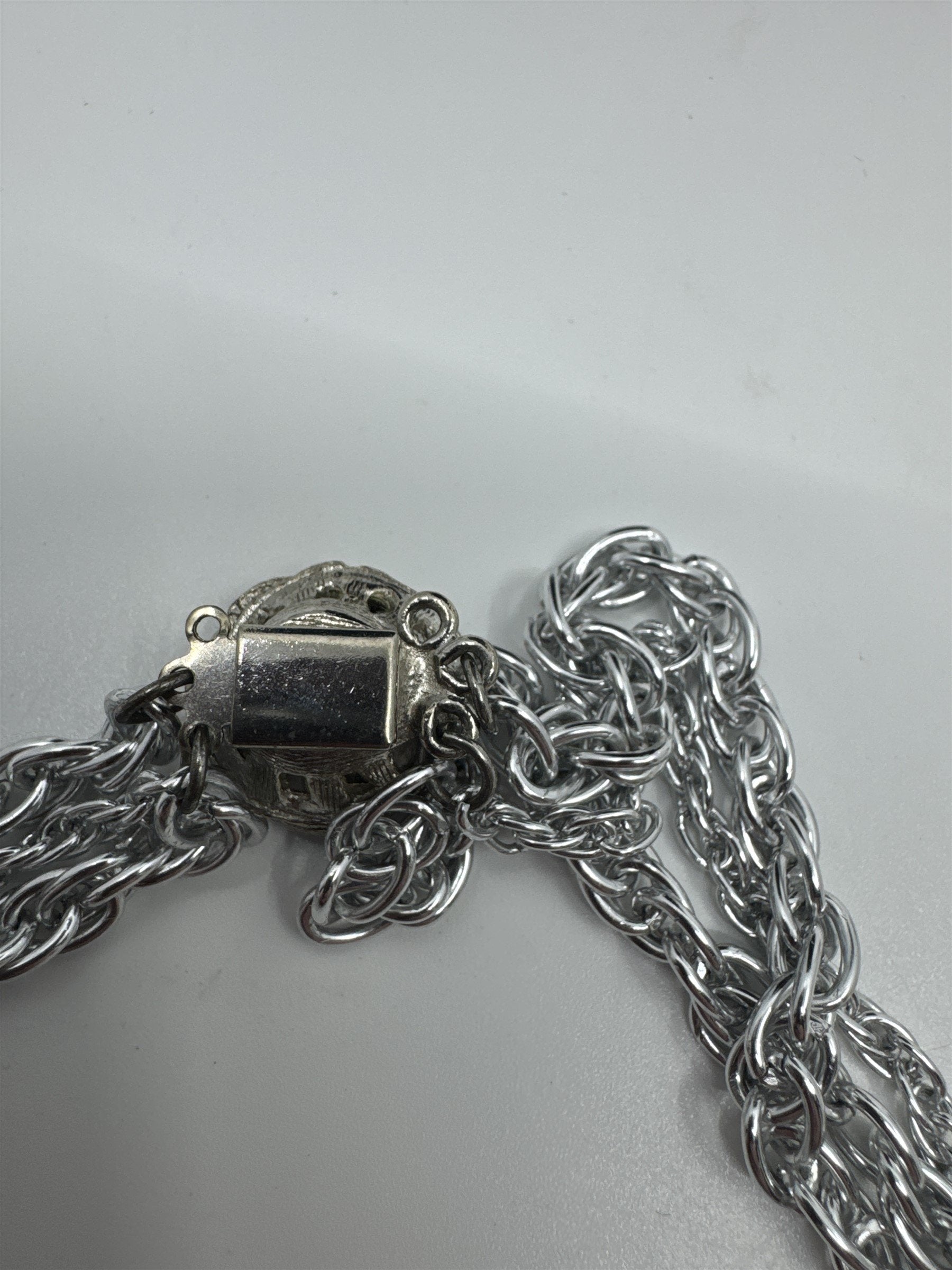 Vintage Silver-Tone Triple Rope Chain Necklace With Faux Jewel