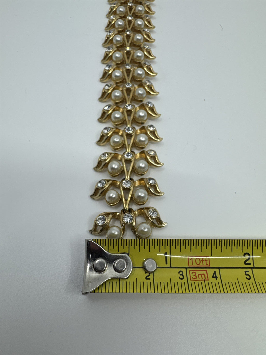 Vintage Womens Gold Tone Faux Pearl Rhinestone Ornate Bracelet With Clasp