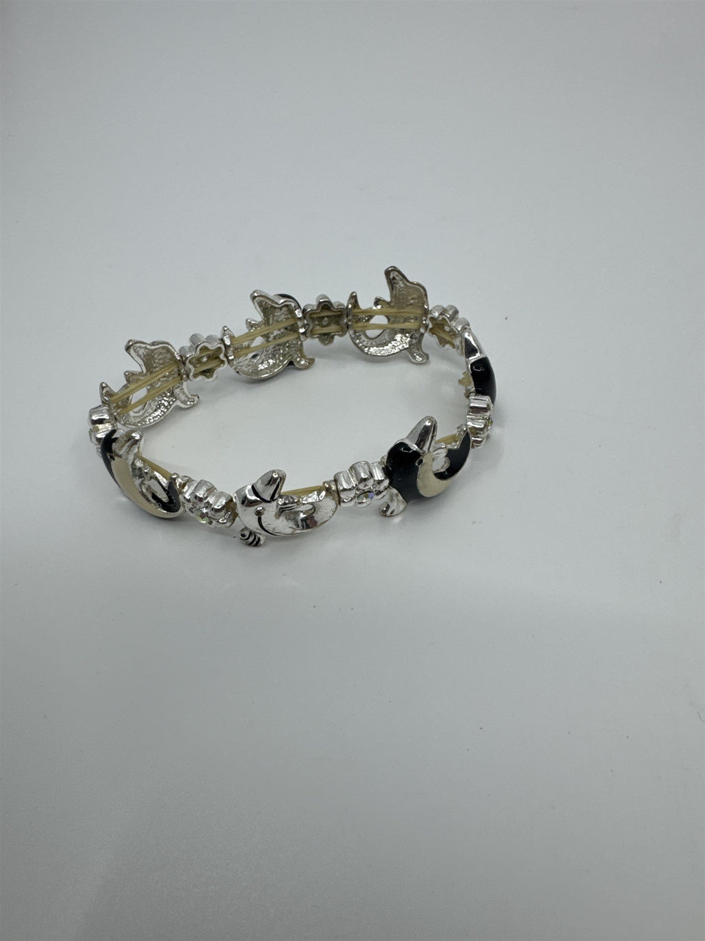 Vintage Children Silver-Tone and Black and White Enamel Dolphins Elastic Band