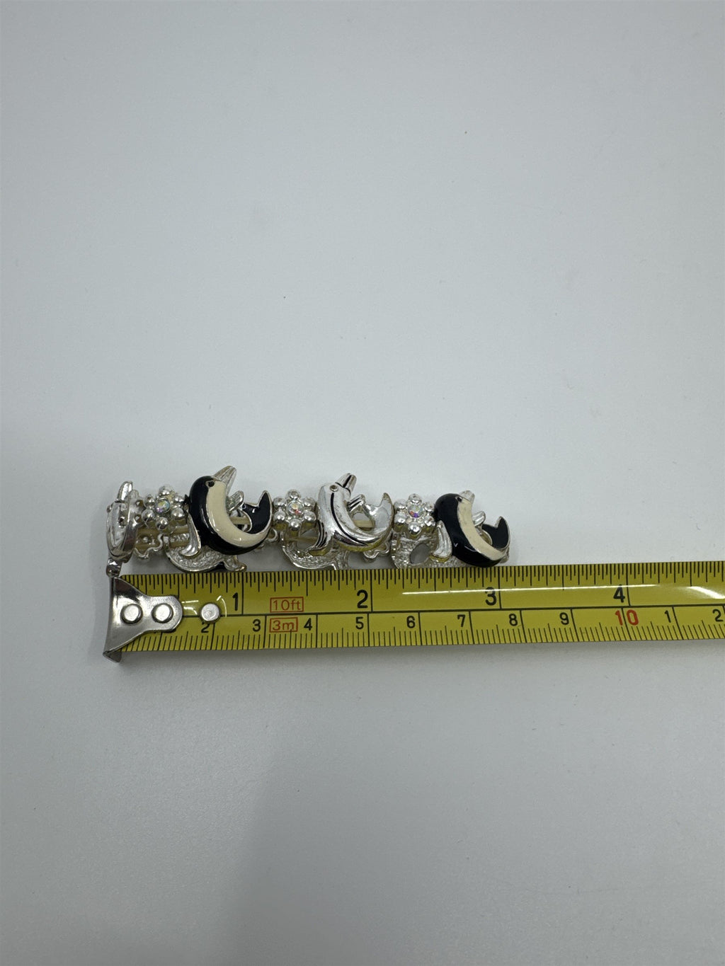 Vintage Children Silver-Tone and Black and White Enamel Dolphins Elastic Band