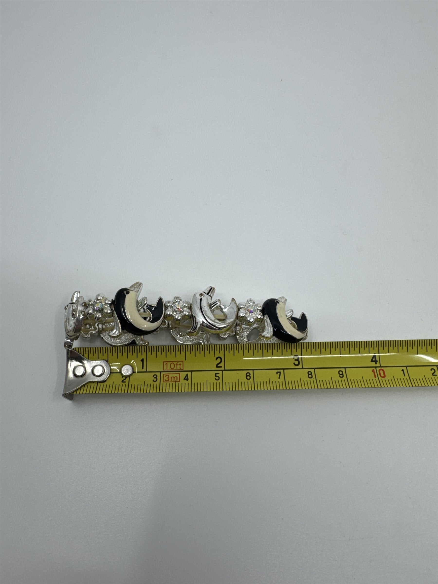 Vintage Children Silver-Tone and Black and White Enamel Dolphins Elastic Band