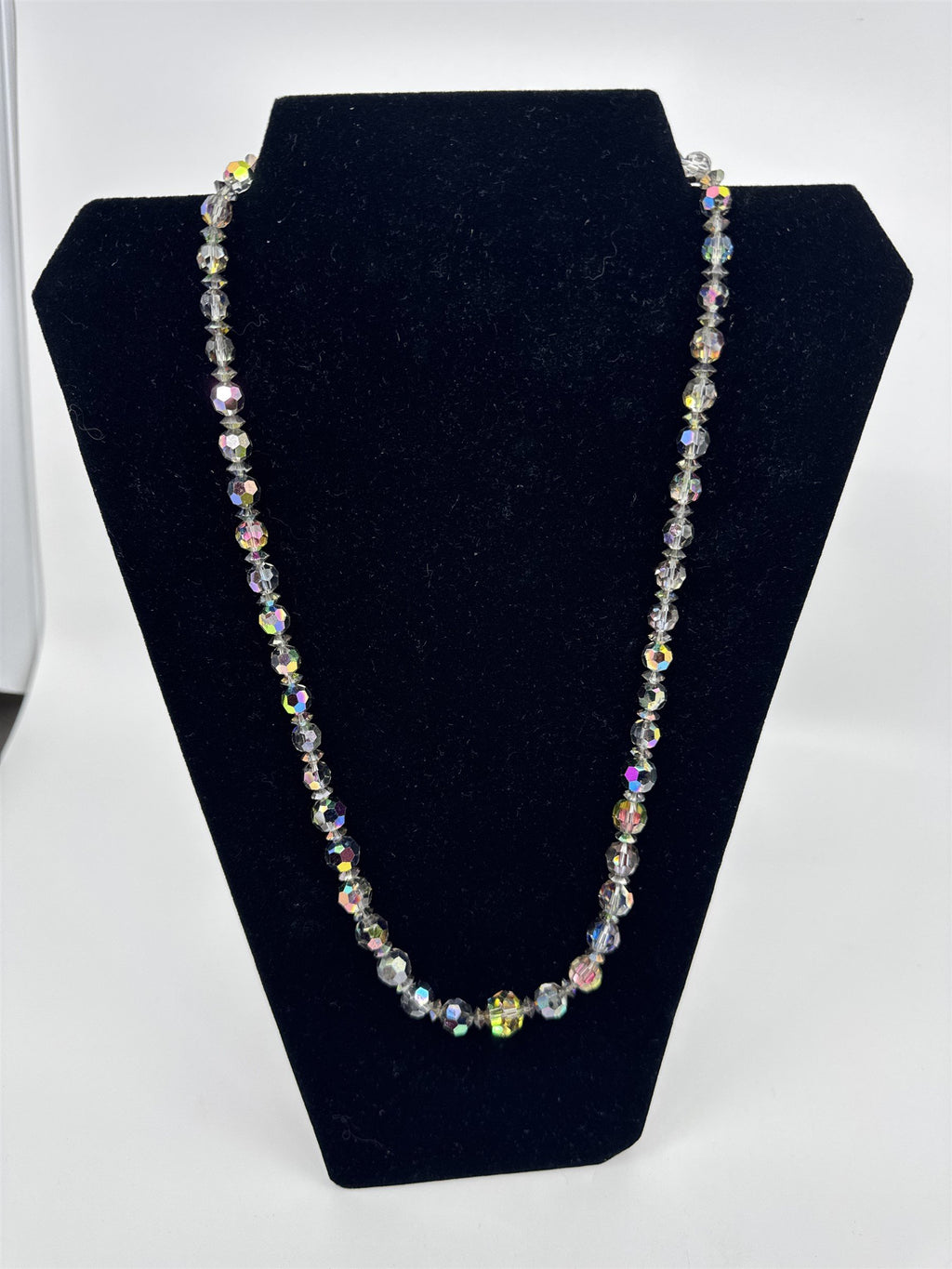 Vintage Iridescent Acrylic Ball Beaded Necklace /w Green Faux Jewel Clasp Estate