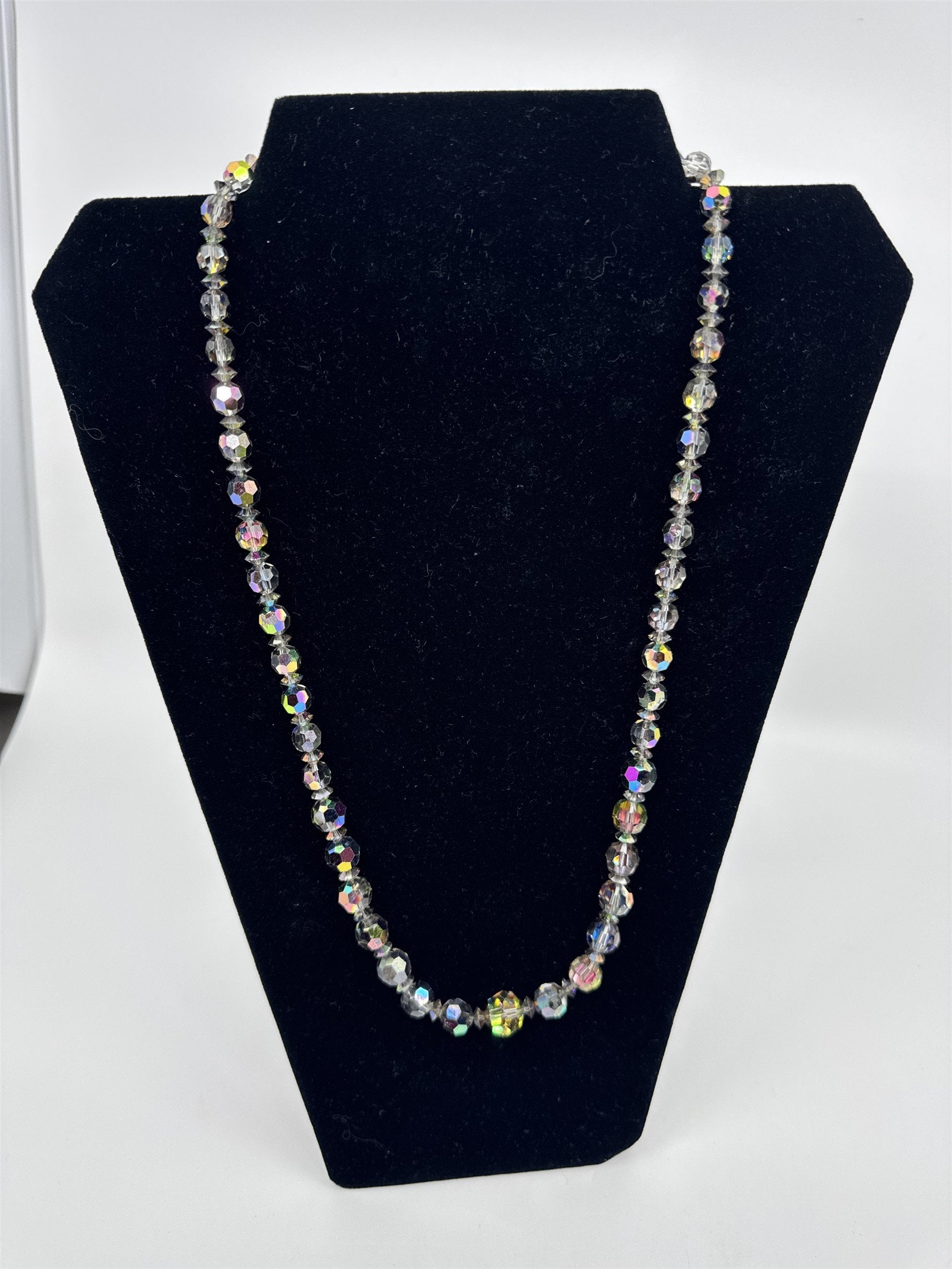 Vintage Iridescent Acrylic Ball Beaded Necklace /w Green Faux Jewel Clasp Estate