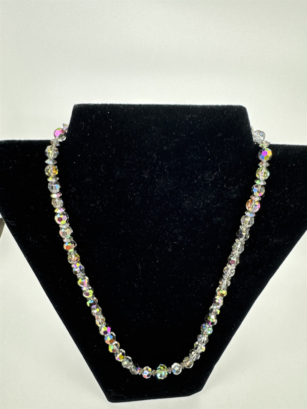 Vintage Iridescent Acrylic Ball Beaded Necklace /w Green Faux Jewel Clasp Estate