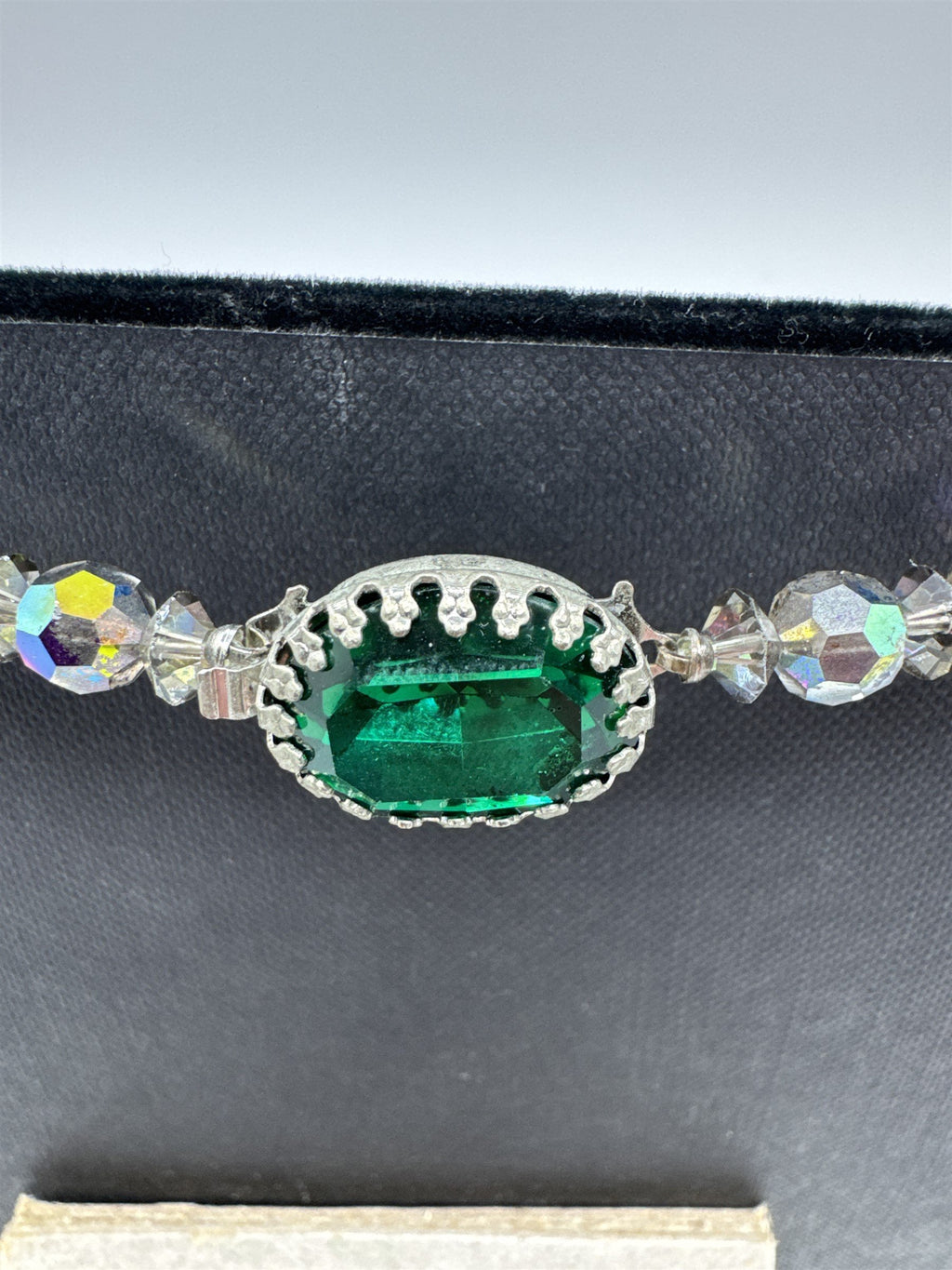 Vintage Iridescent Acrylic Ball Beaded Necklace /w Green Faux Jewel Clasp Estate