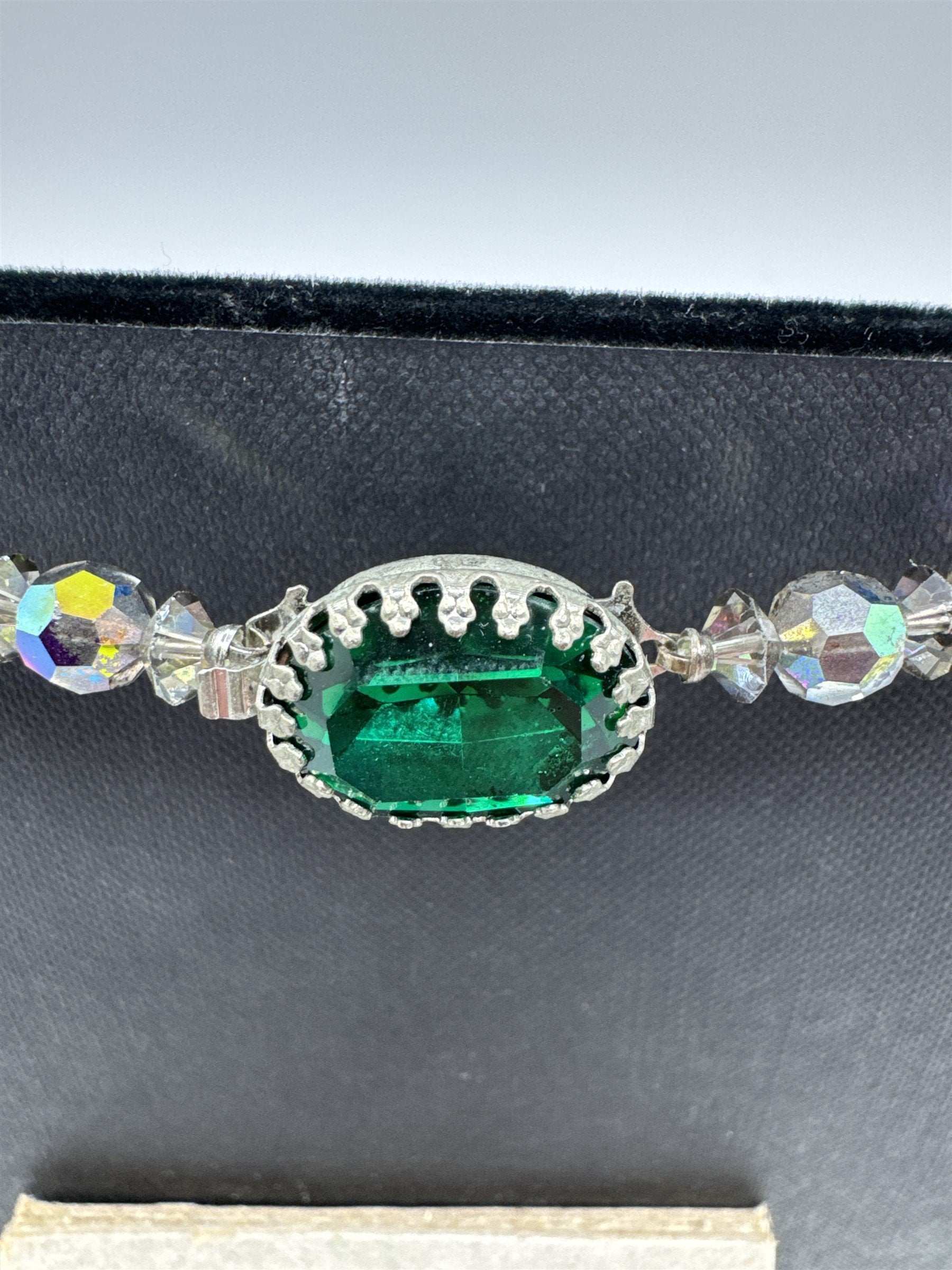 Vintage Iridescent Acrylic Ball Beaded Necklace /w Green Faux Jewel Clasp Estate