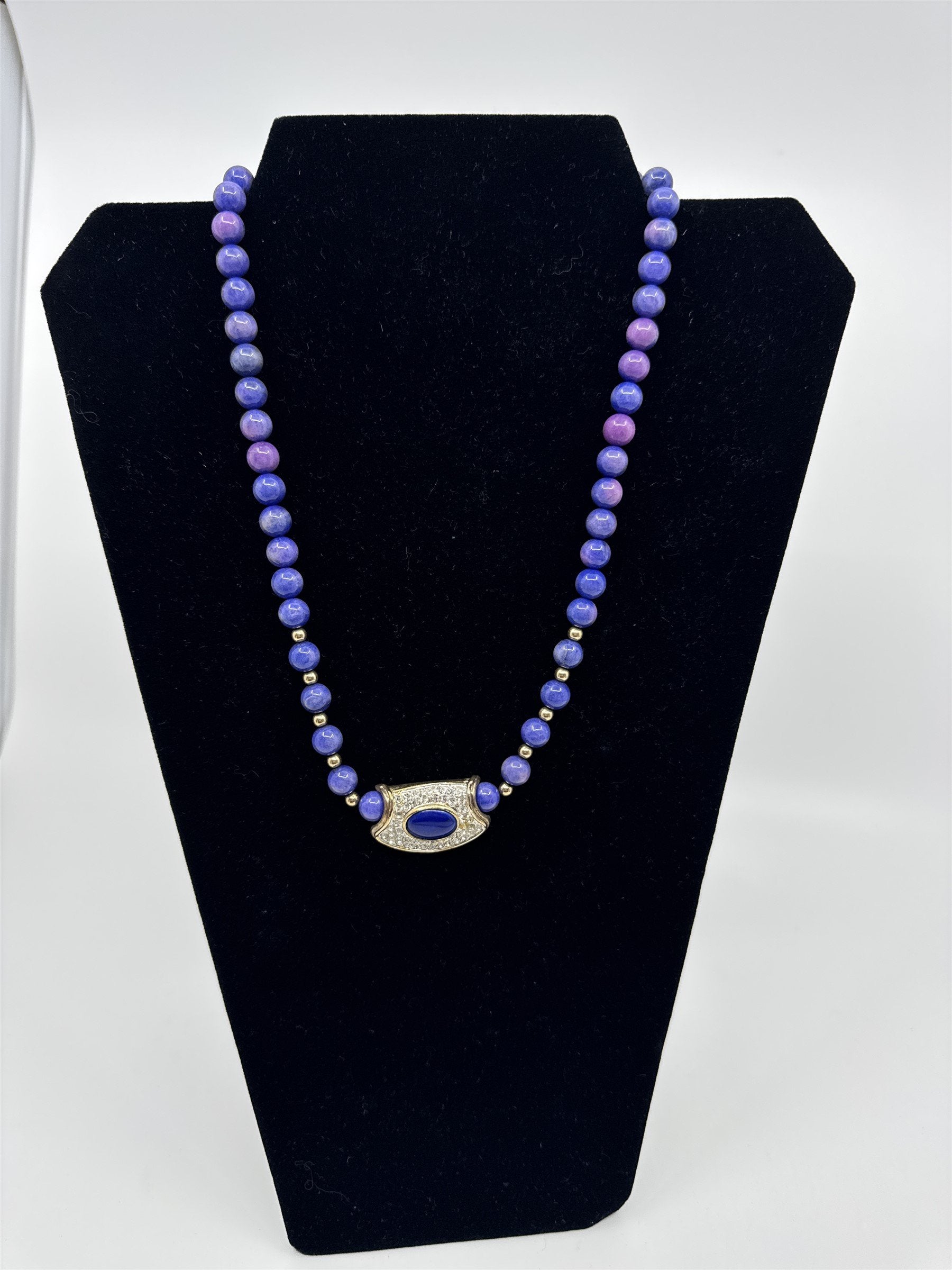 Vintage Purple Beaded Costume Jewelry With Gold and Rhinestone Pendant Necklace