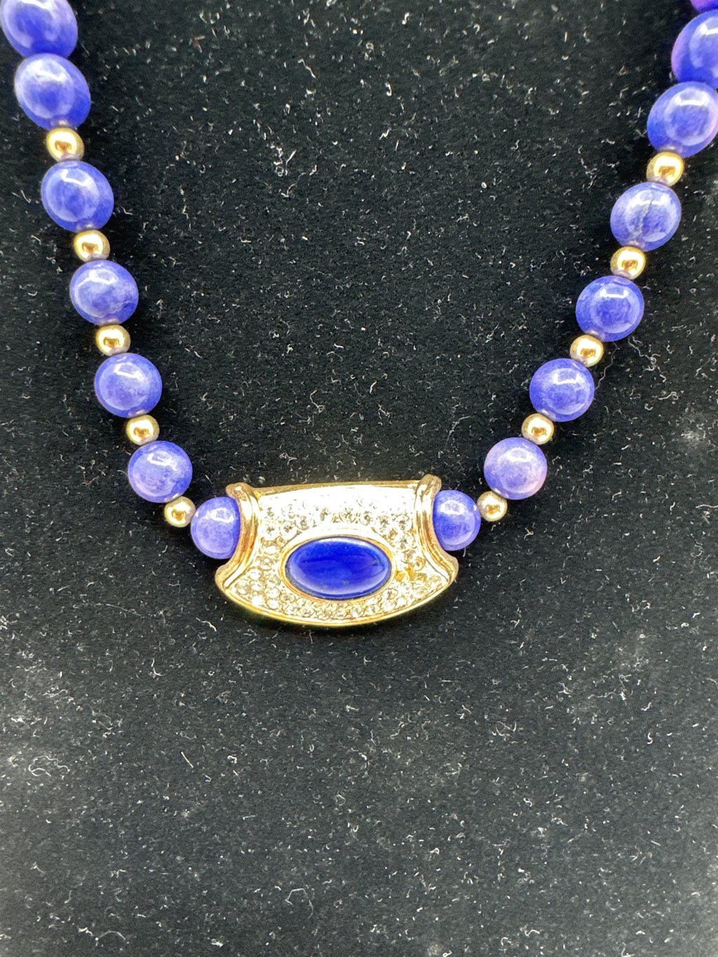 Vintage Purple Beaded Costume Jewelry With Gold and Rhinestone Pendant Necklace
