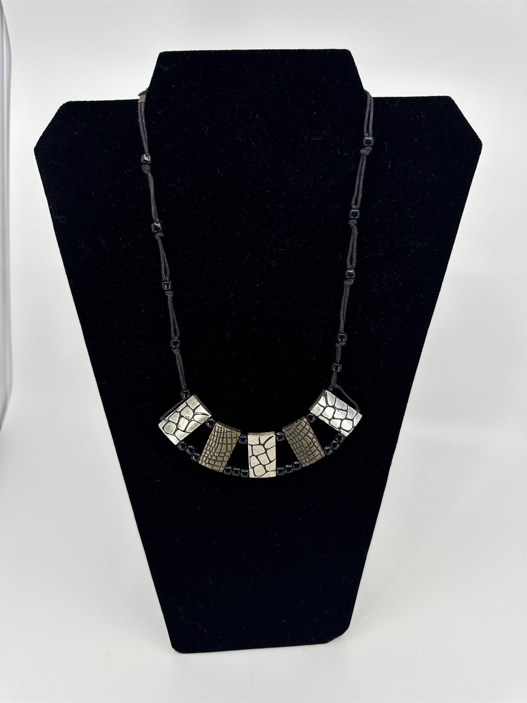Silver and Brass Tone Alligator Crocodile Pattern Metal Beaded Necklace