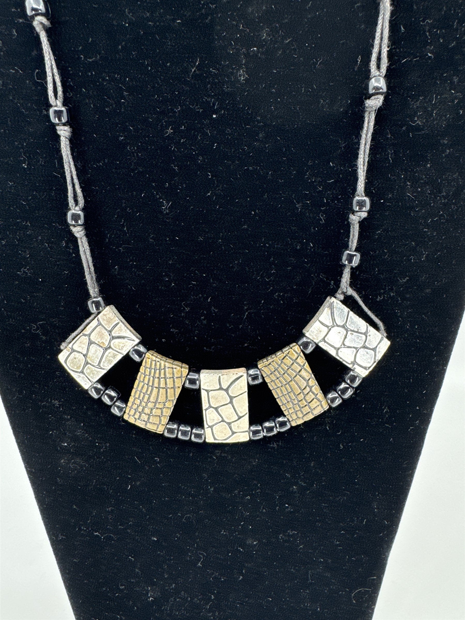 Silver and Brass Tone Alligator Crocodile Pattern Metal Beaded Necklace