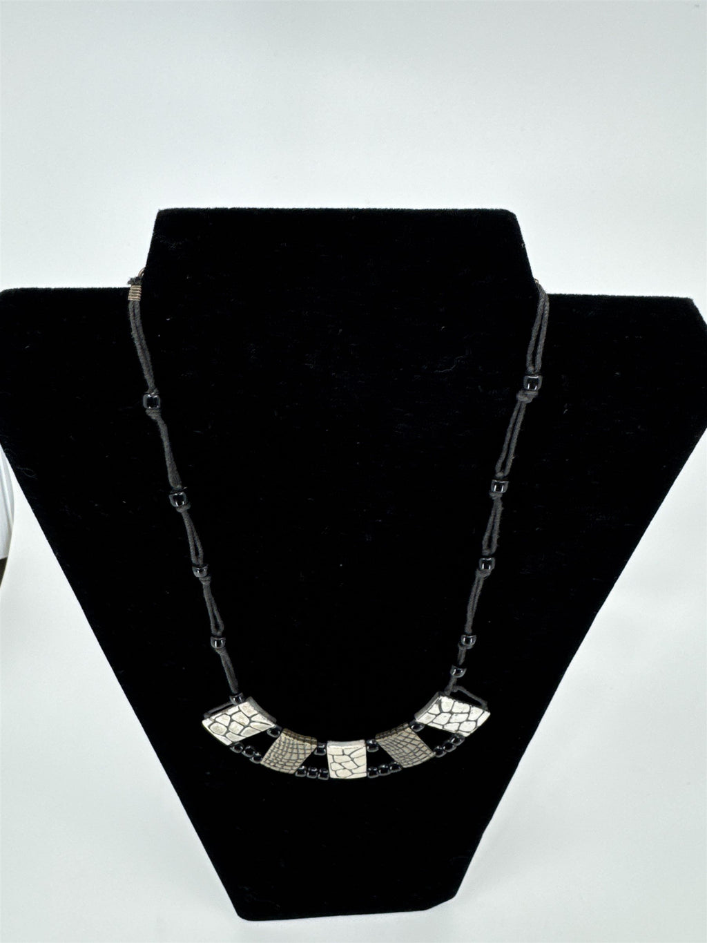 Silver and Brass Tone Alligator Crocodile Pattern Metal Beaded Necklace