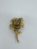 Vintage Gold Tone Large Long Stem Rose With Rhinestone Rosebud Center Brooch
