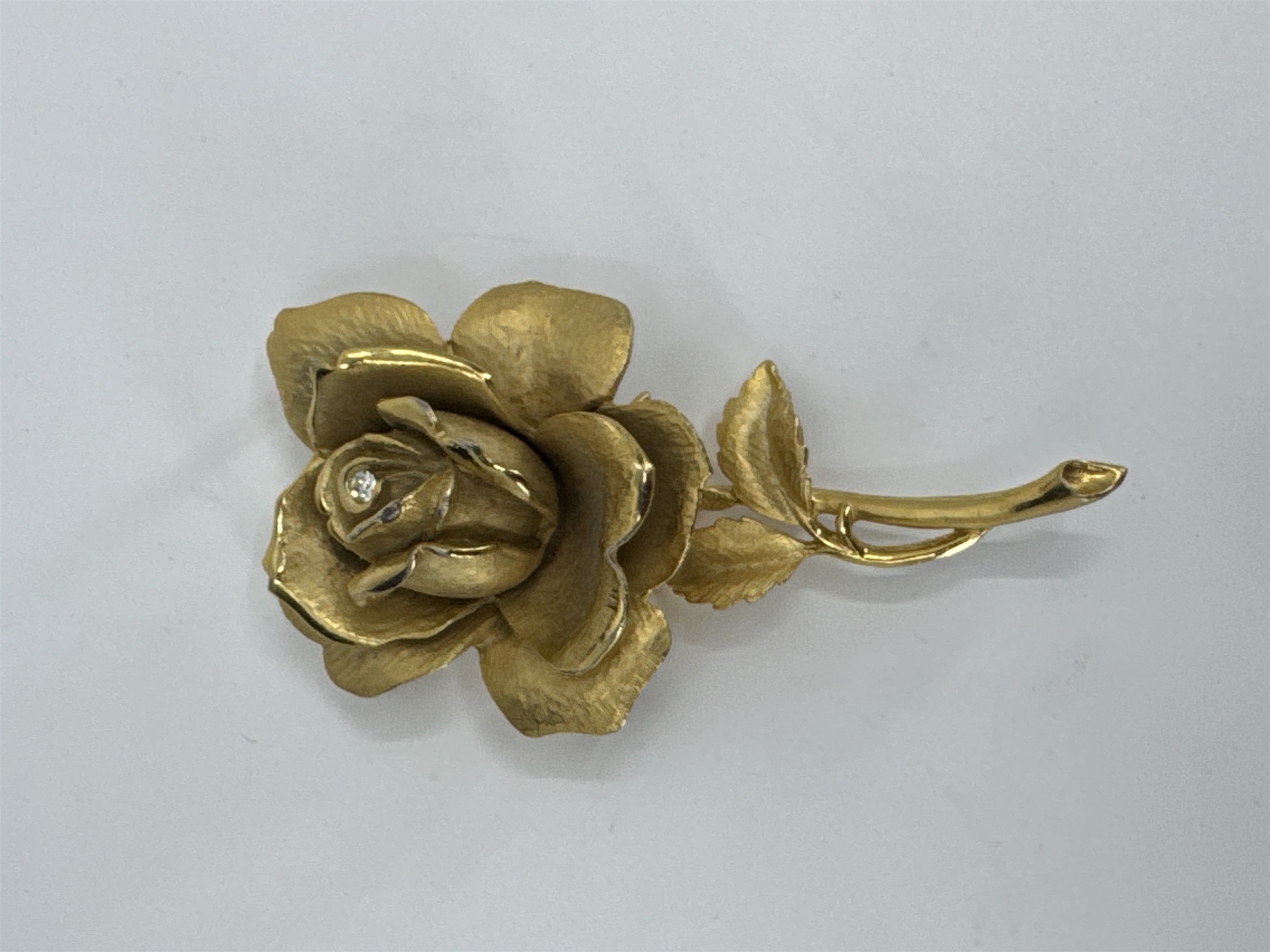 Vintage Gold Tone Large Long Stem Rose With Rhinestone Rosebud Center Brooch
