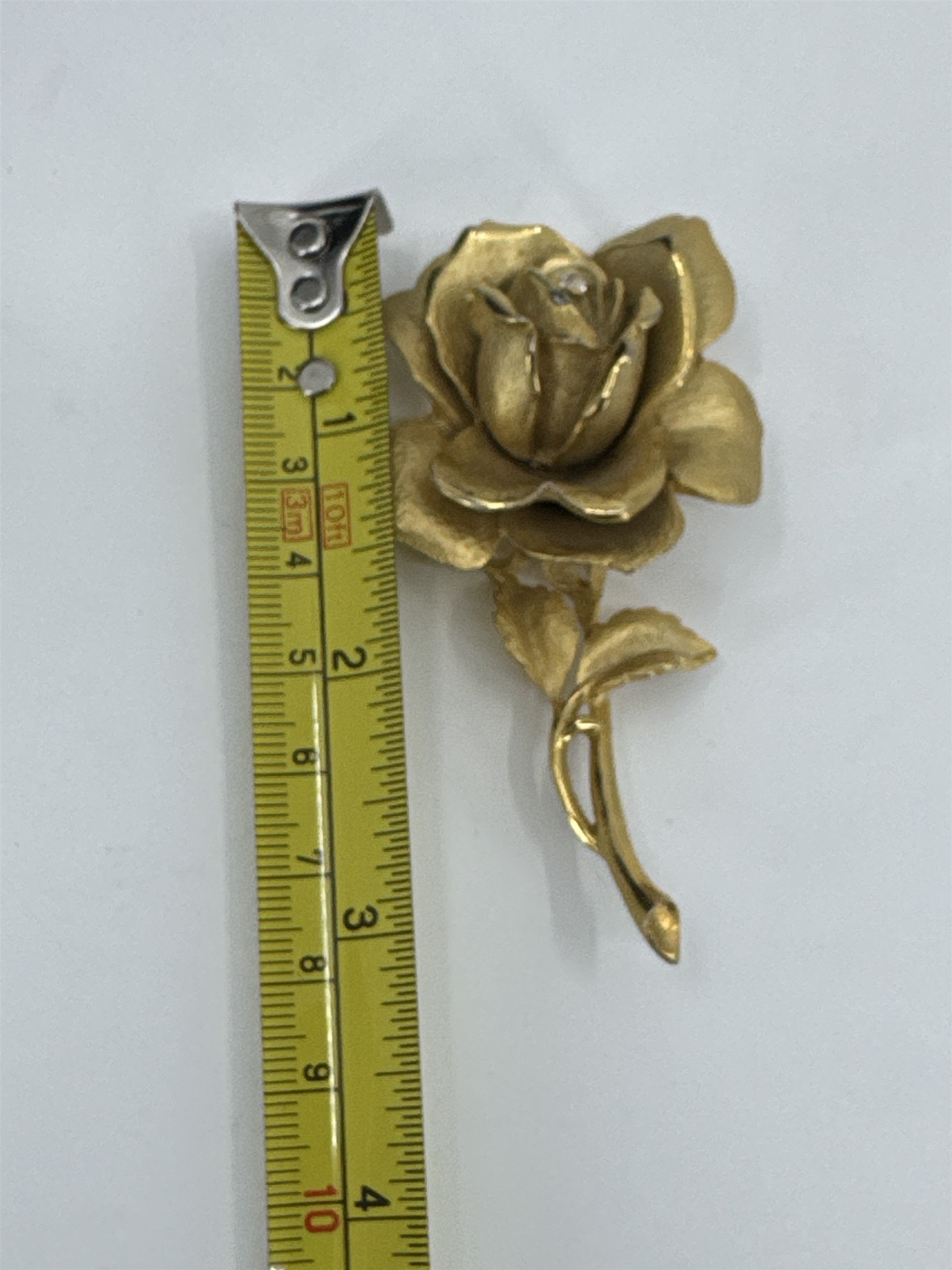 Vintage Gold Tone Large Long Stem Rose With Rhinestone Rosebud Center Brooch