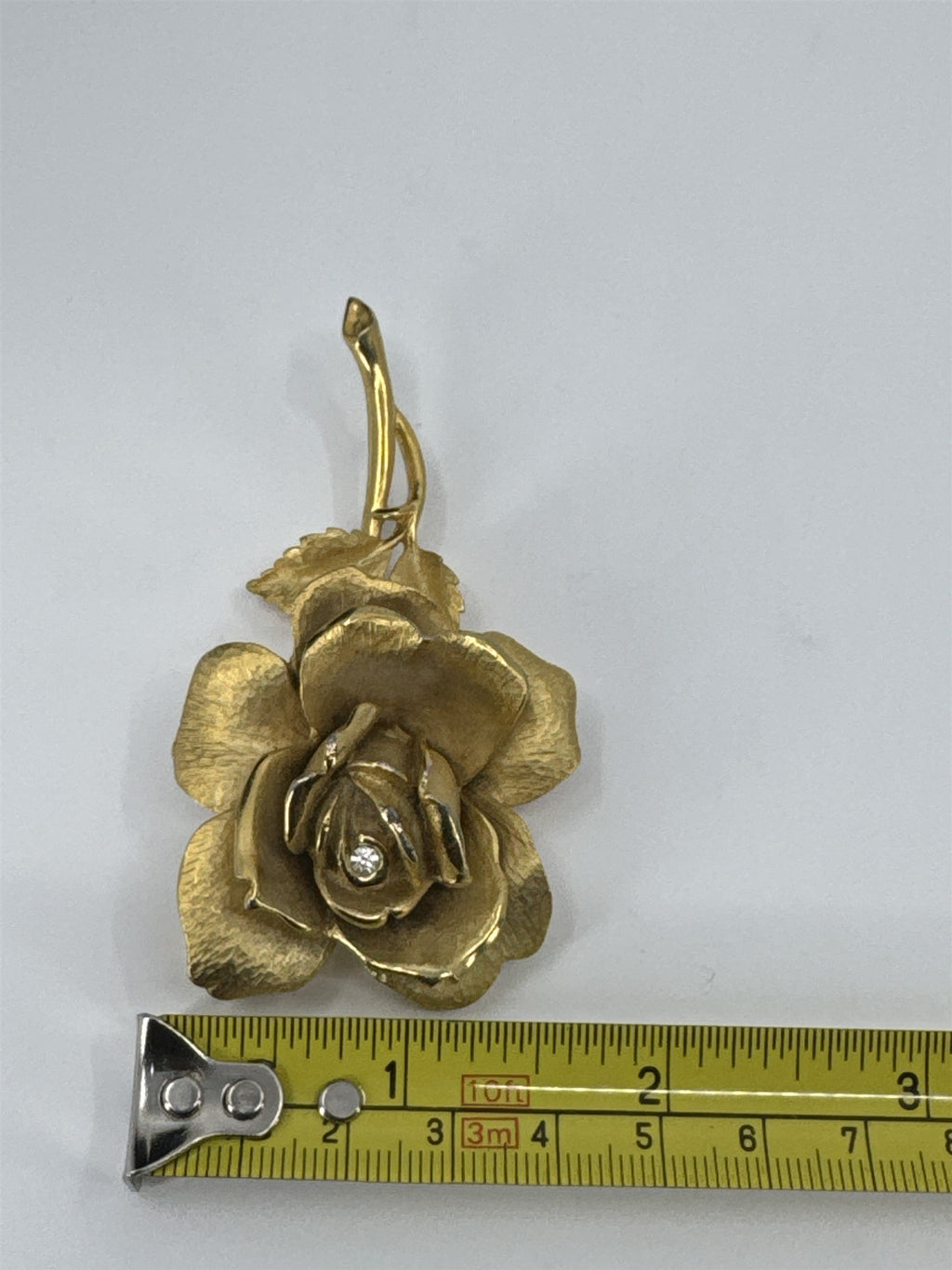 Vintage Gold Tone Large Long Stem Rose With Rhinestone Rosebud Center Brooch
