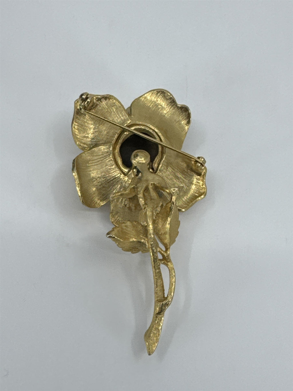 Vintage Gold Tone Large Long Stem Rose With Rhinestone Rosebud Center Brooch