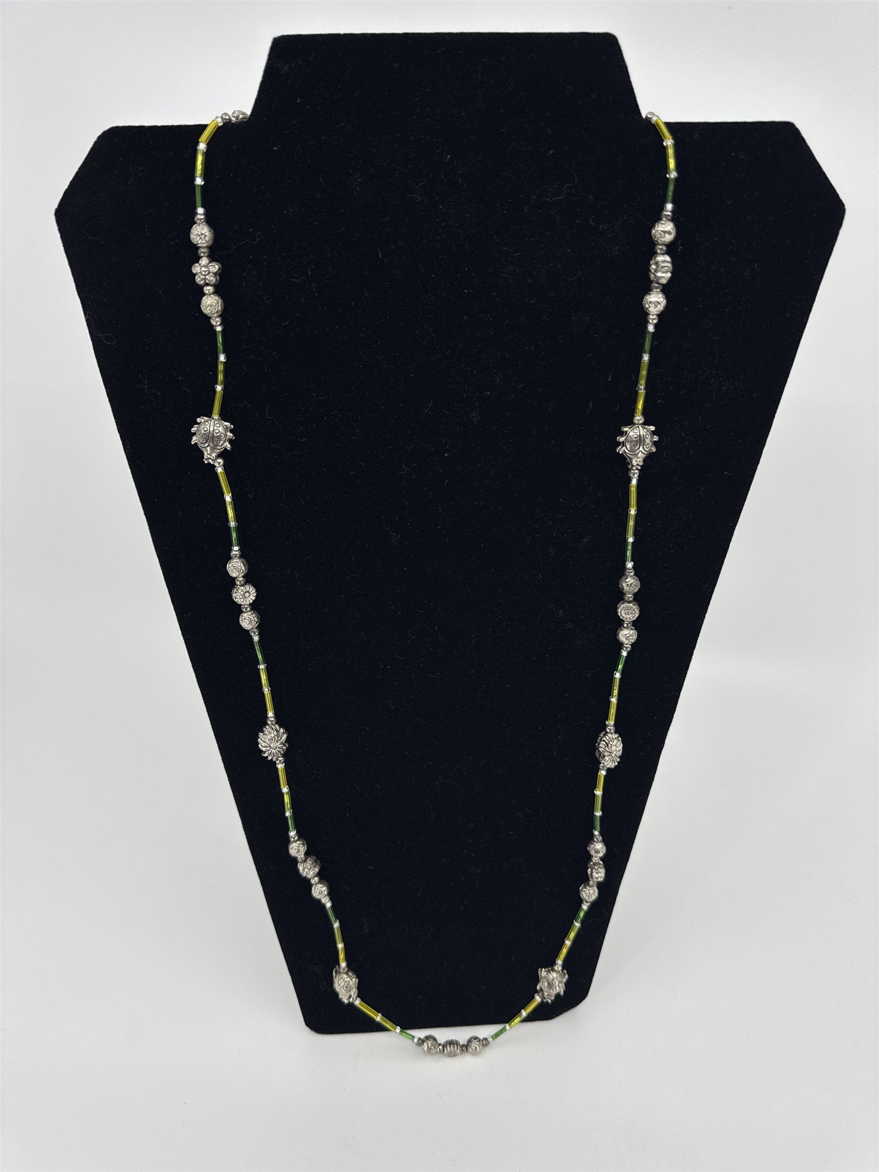 Vintage Costume Jewelry Metal Ladybugs and Beads Flowers Green/Yellow Necklace