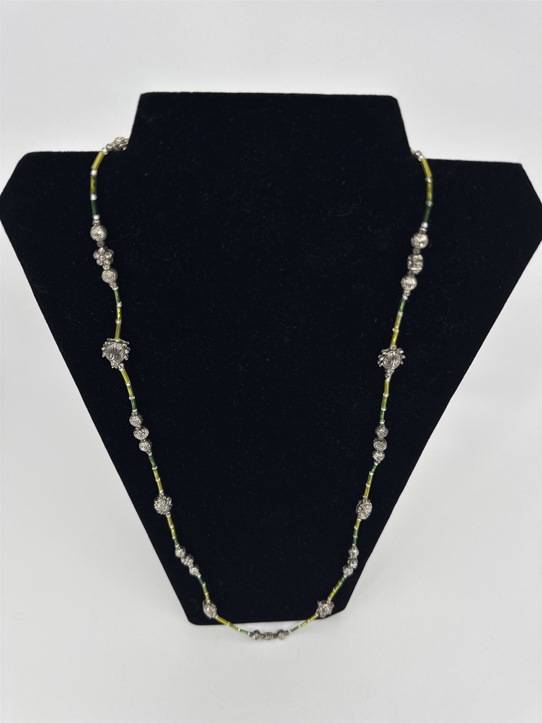 Vintage Costume Jewelry Metal Ladybugs and Beads Flowers Green/Yellow Necklace