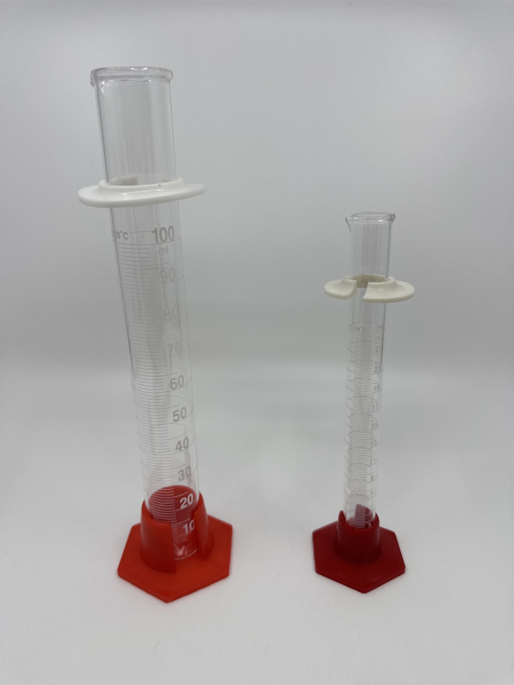 Lab Glass Graduated Cylinder Glass 25mL and 100mL Set of 2 Red Hex Bases