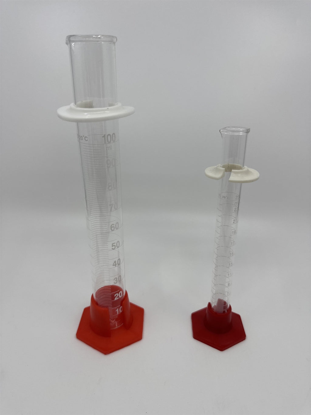 Lab Glass Graduated Cylinder Glass 25mL and 100mL Set of 2 Red Hex Bases
